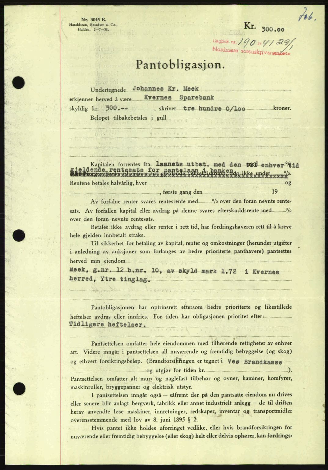 Nordmøre sorenskriveri, AV/SAT-A-4132/1/2/2Ca: Mortgage book no. B87, 1940-1941, Diary no: : 190/1941