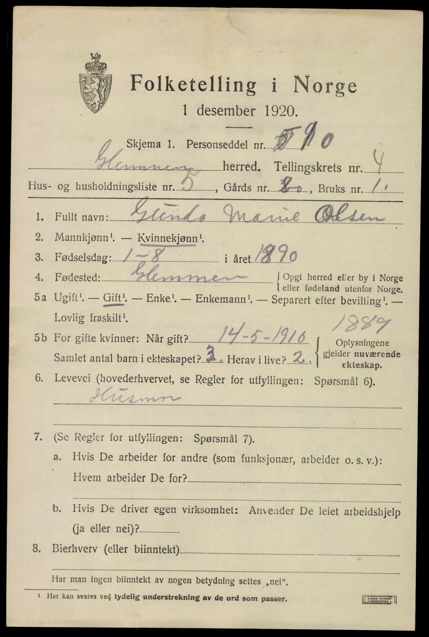 SAO, 1920 census for Glemmen, 1920, p. 15077