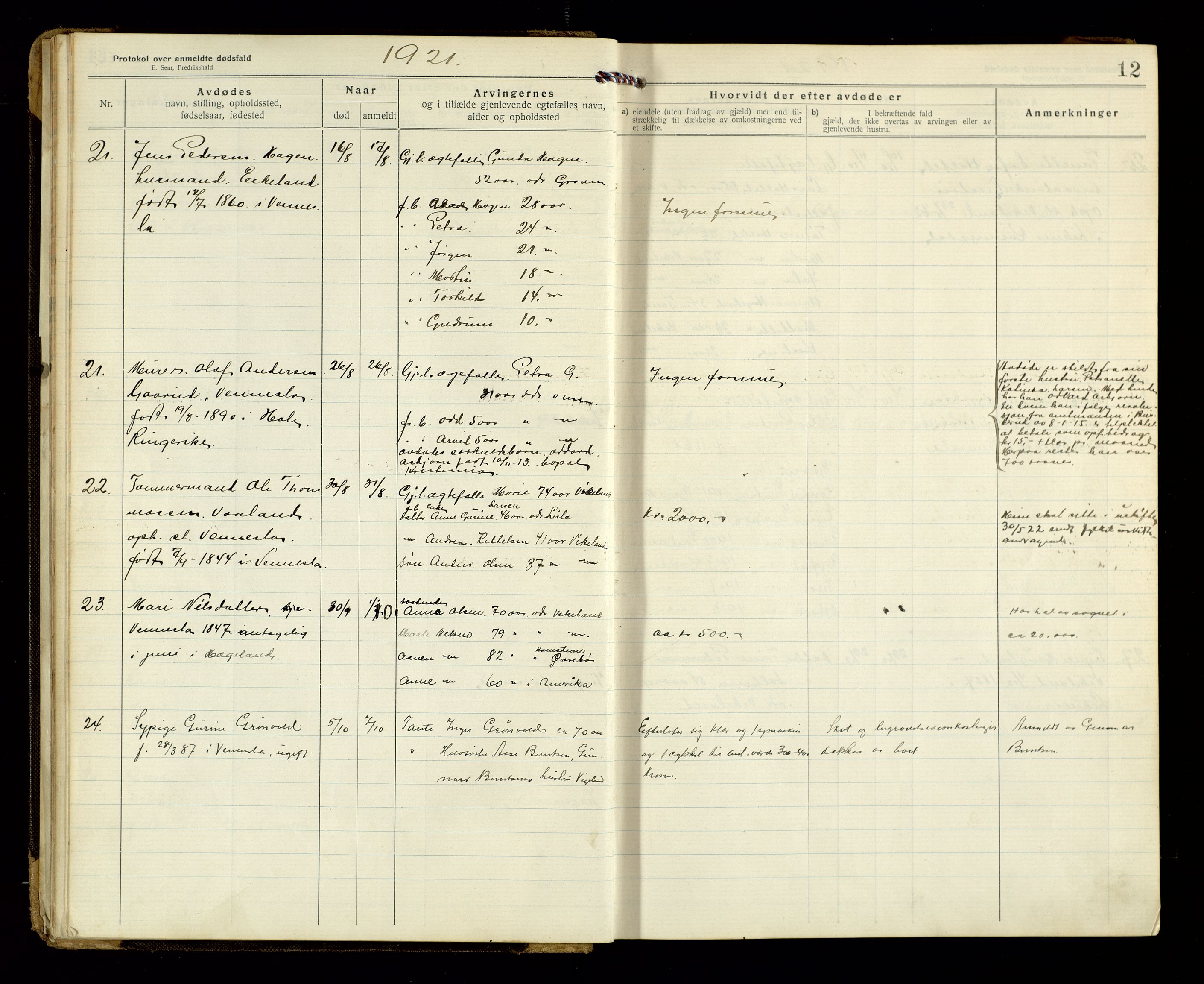 Vennesla og Iveland lensmannskontor, AV/SAK-1241-0050/F/Fe/L0001: Dødsfallsprotokoll nr 7, 1920-1940, p. 12