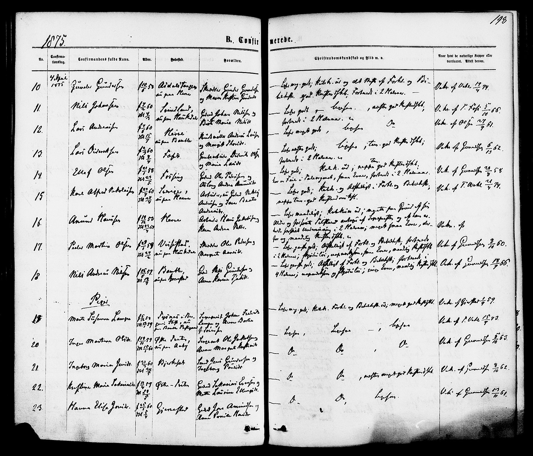 Bamble kirkebøker, AV/SAKO-A-253/F/Fa/L0006: Parish register (official) no. I 6, 1869-1877, p. 198