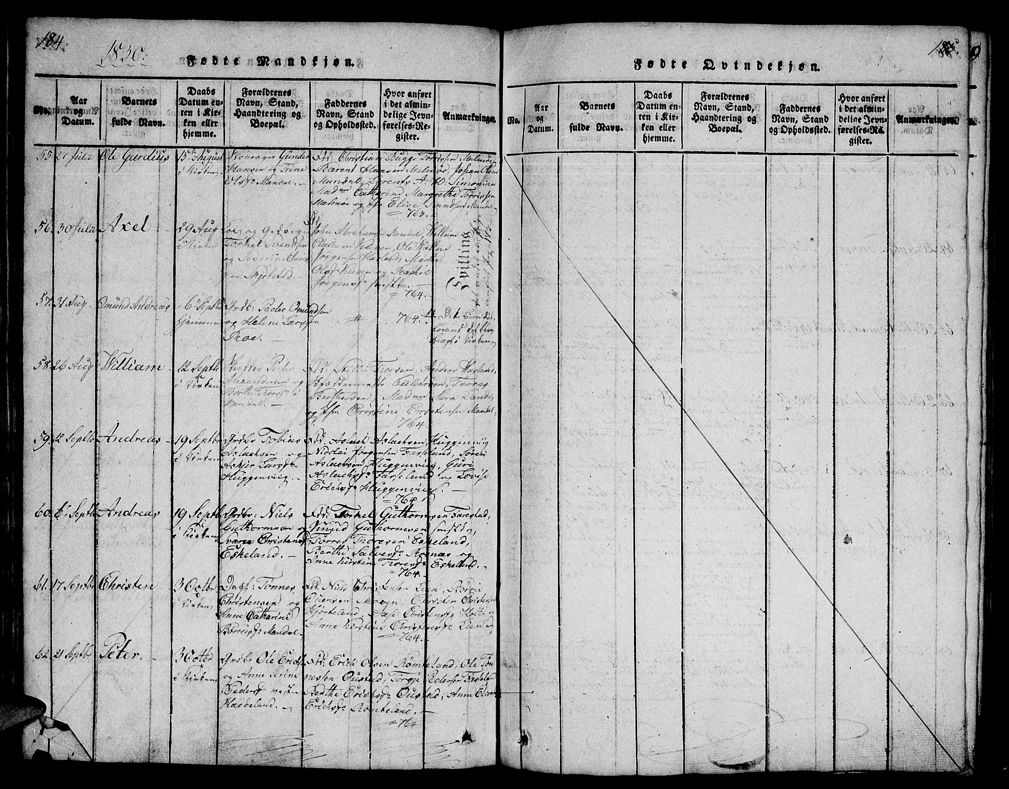 Mandal sokneprestkontor, AV/SAK-1111-0030/F/Fb/Fba/L0001: Parish register (copy) no. B 1, 1818-1830, p. 184-185