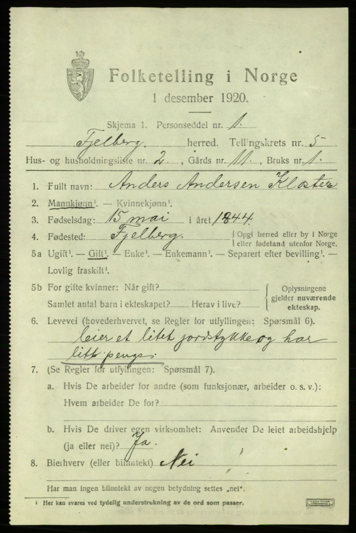 SAB, 1920 census for Fjelberg, 1920, p. 1567