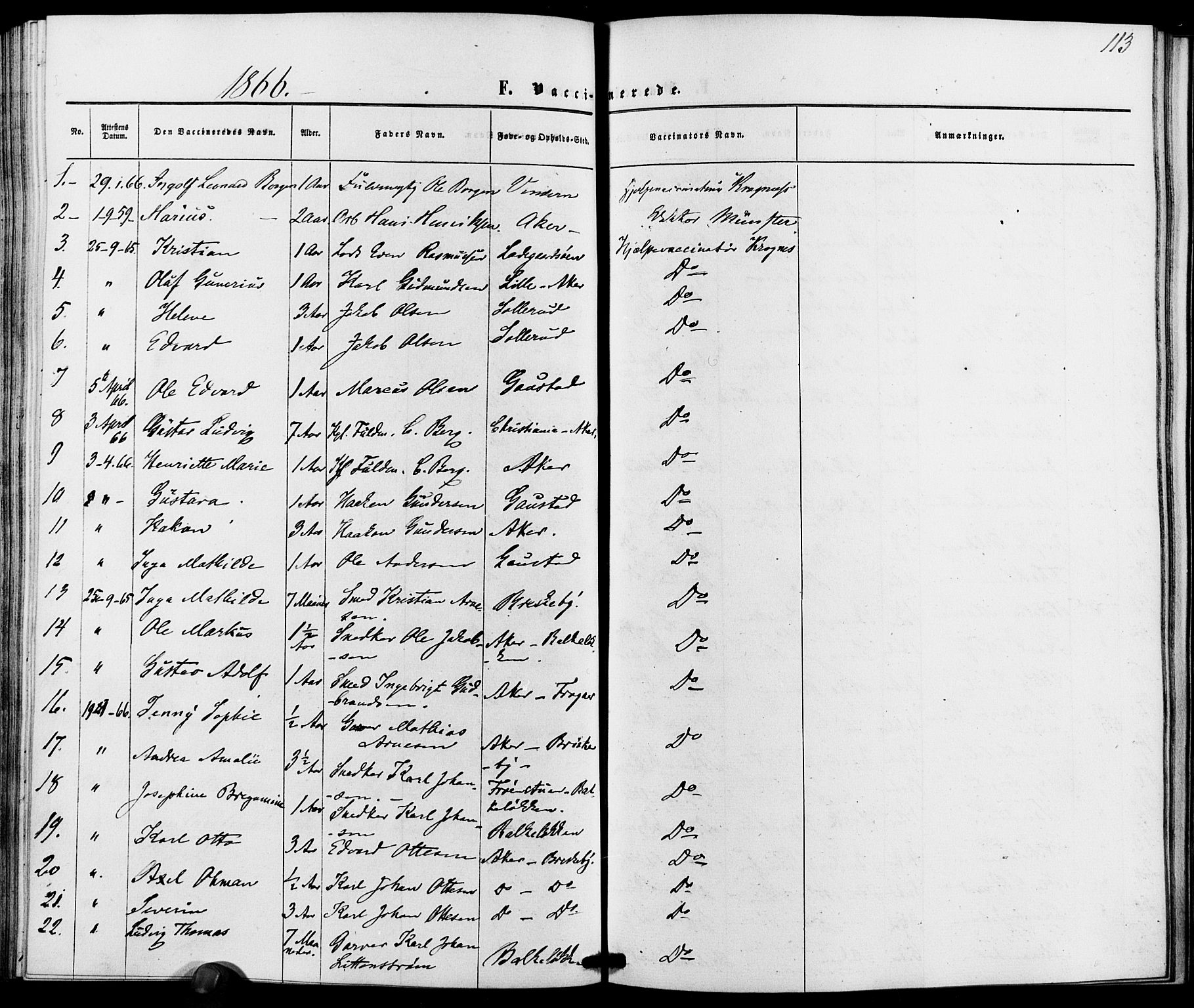 Vestre Aker prestekontor Kirkebøker, AV/SAO-A-10025/K/Ka/L0001: Vaccination register no. 1, 1857-1867, p. 113