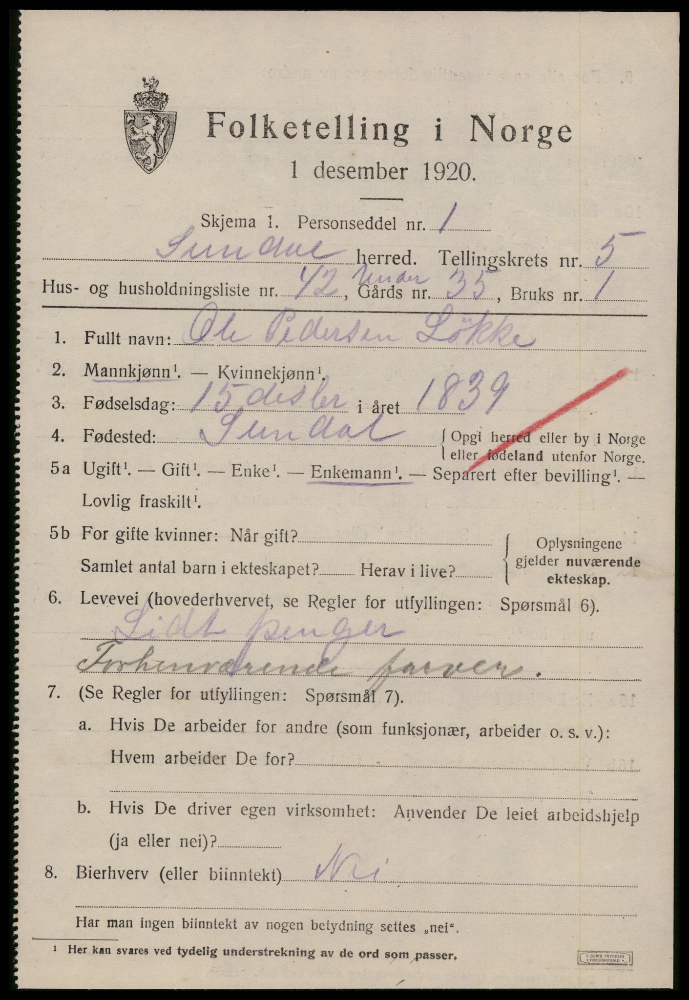 SAT, 1920 census for Sunndal, 1920, p. 3562