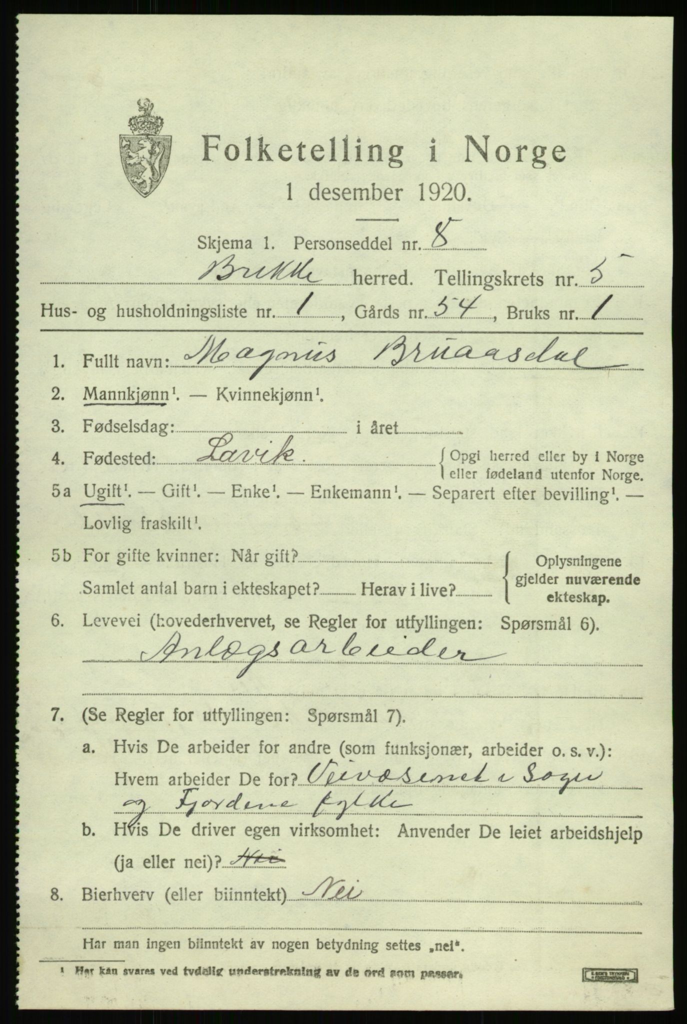 SAB, 1920 census for Brekke, 1920, p. 1076