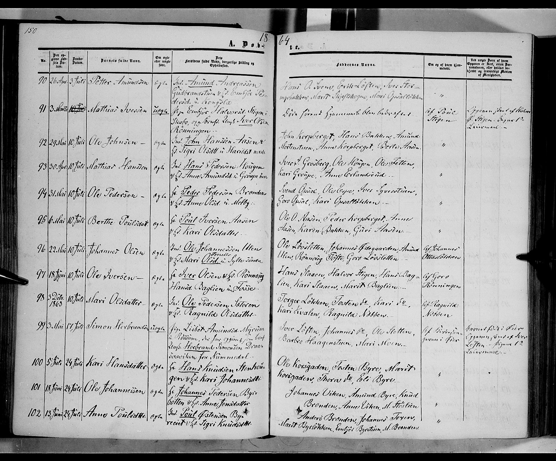 Nord-Fron prestekontor, AV/SAH-PREST-080/H/Ha/Haa/L0001: Parish register (official) no. 1, 1851-1864, p. 150