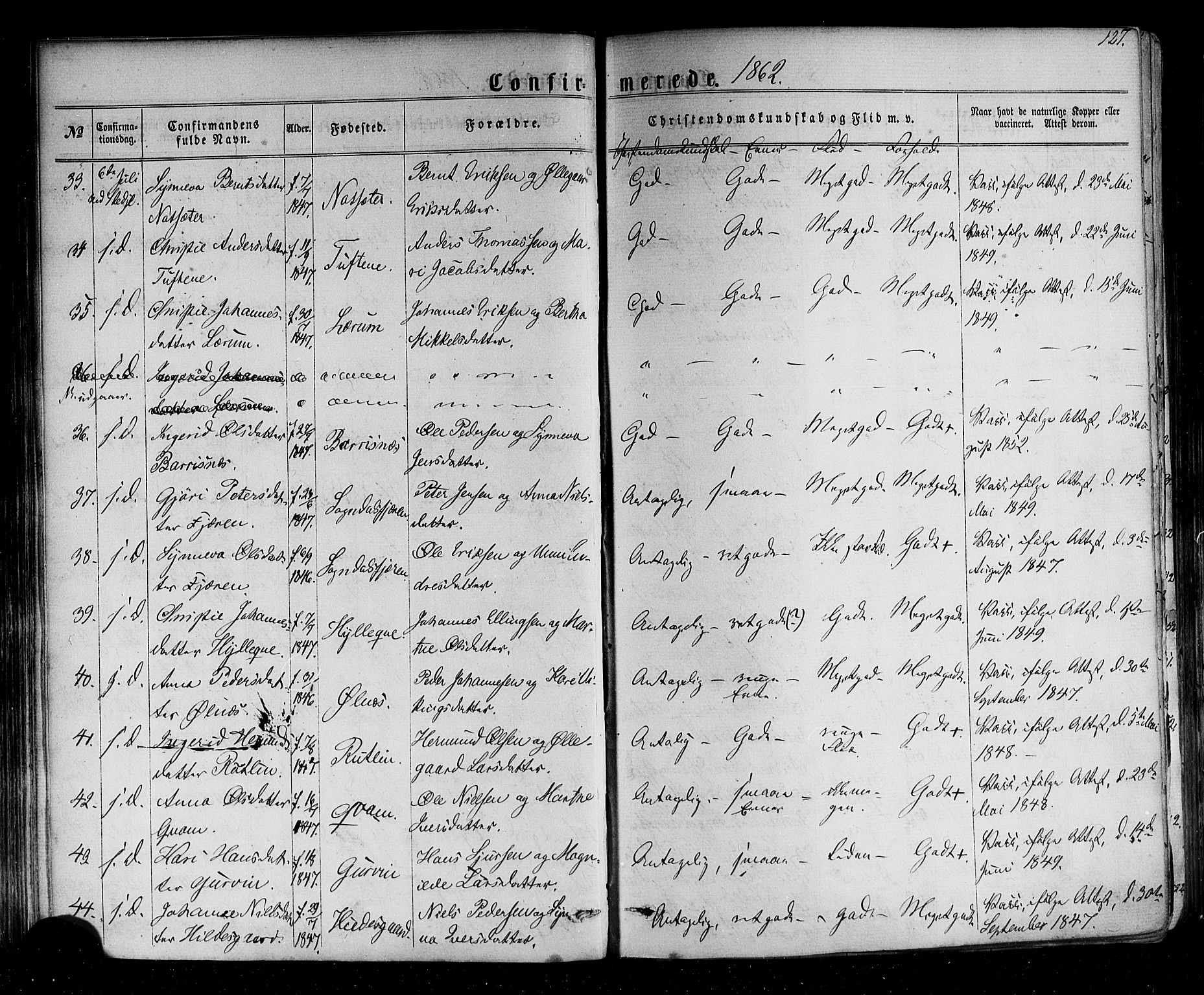 Sogndal sokneprestembete, AV/SAB-A-81301/H/Haa/Haaa/L0013: Parish register (official) no. A 13, 1859-1877, p. 127