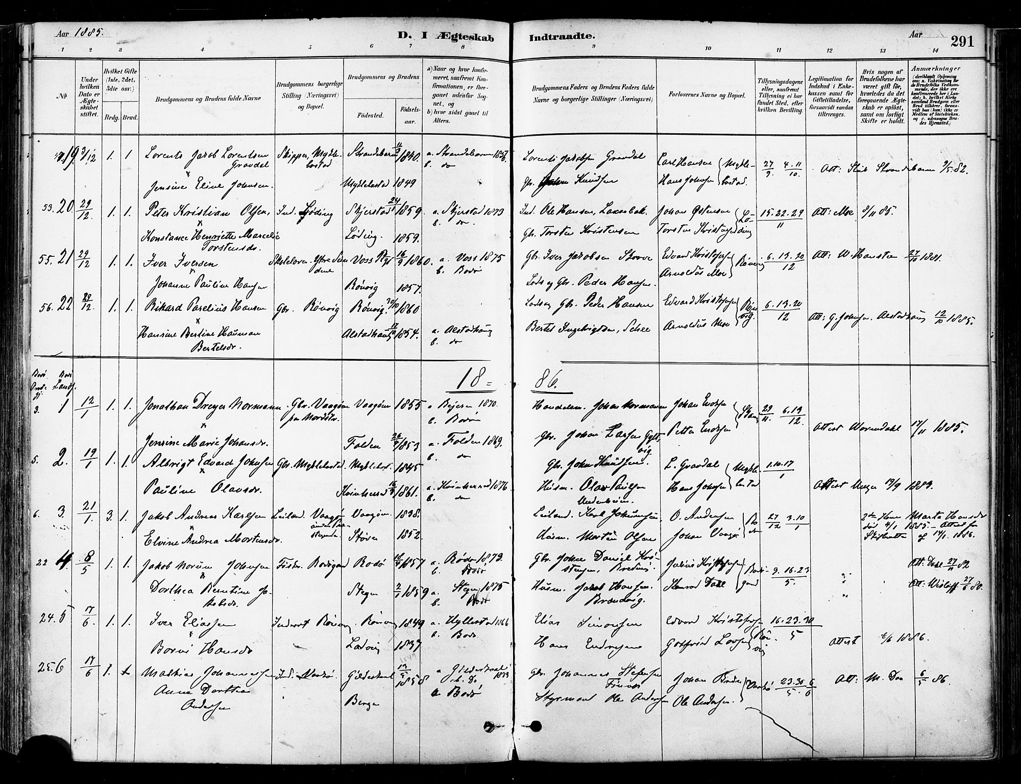 Ministerialprotokoller, klokkerbøker og fødselsregistre - Nordland, SAT/A-1459/802/L0054: Parish register (official) no. 802A01, 1879-1893, p. 291