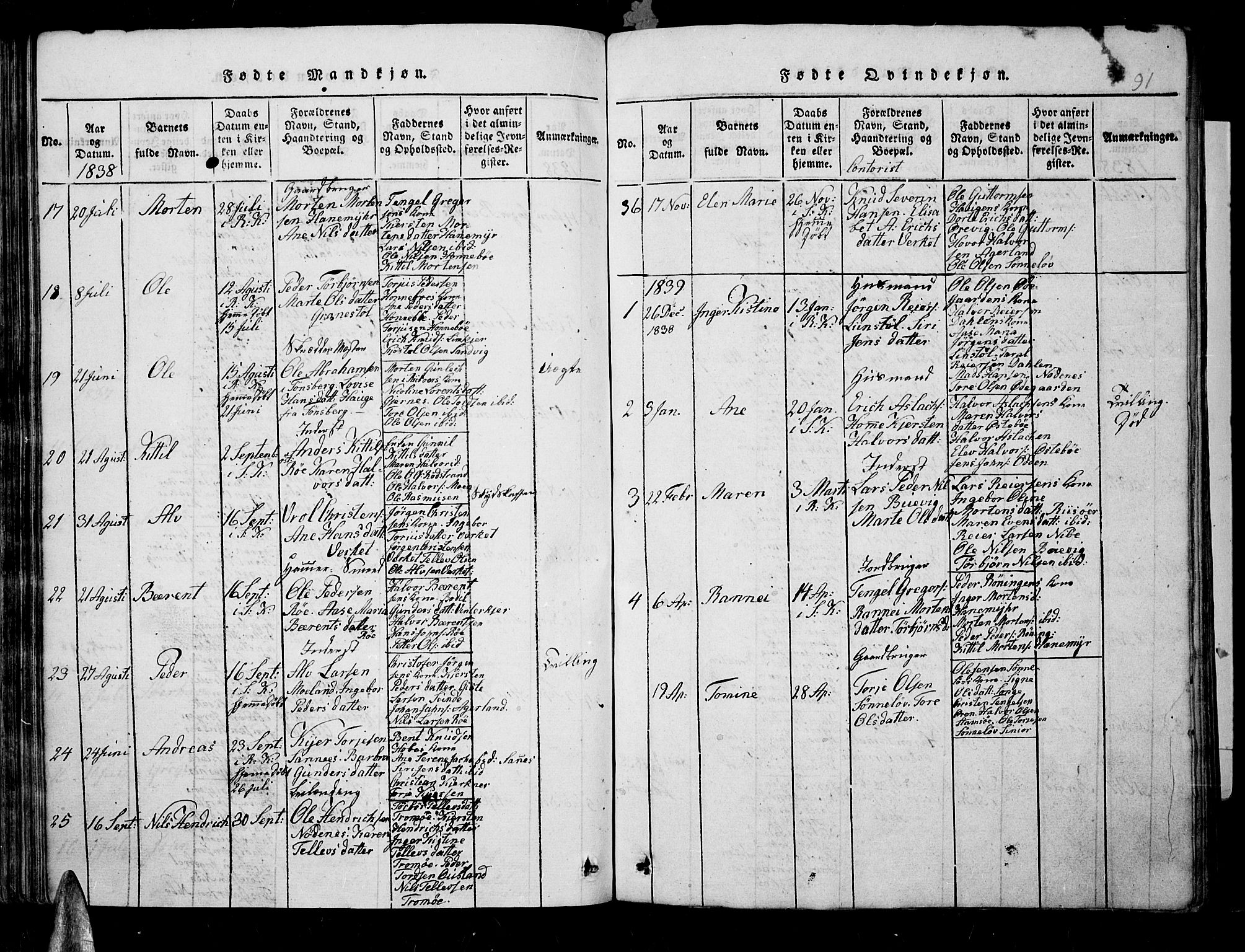 Søndeled sokneprestkontor, AV/SAK-1111-0038/F/Fb/L0002: Parish register (copy) no. B 2, 1816-1839, p. 91