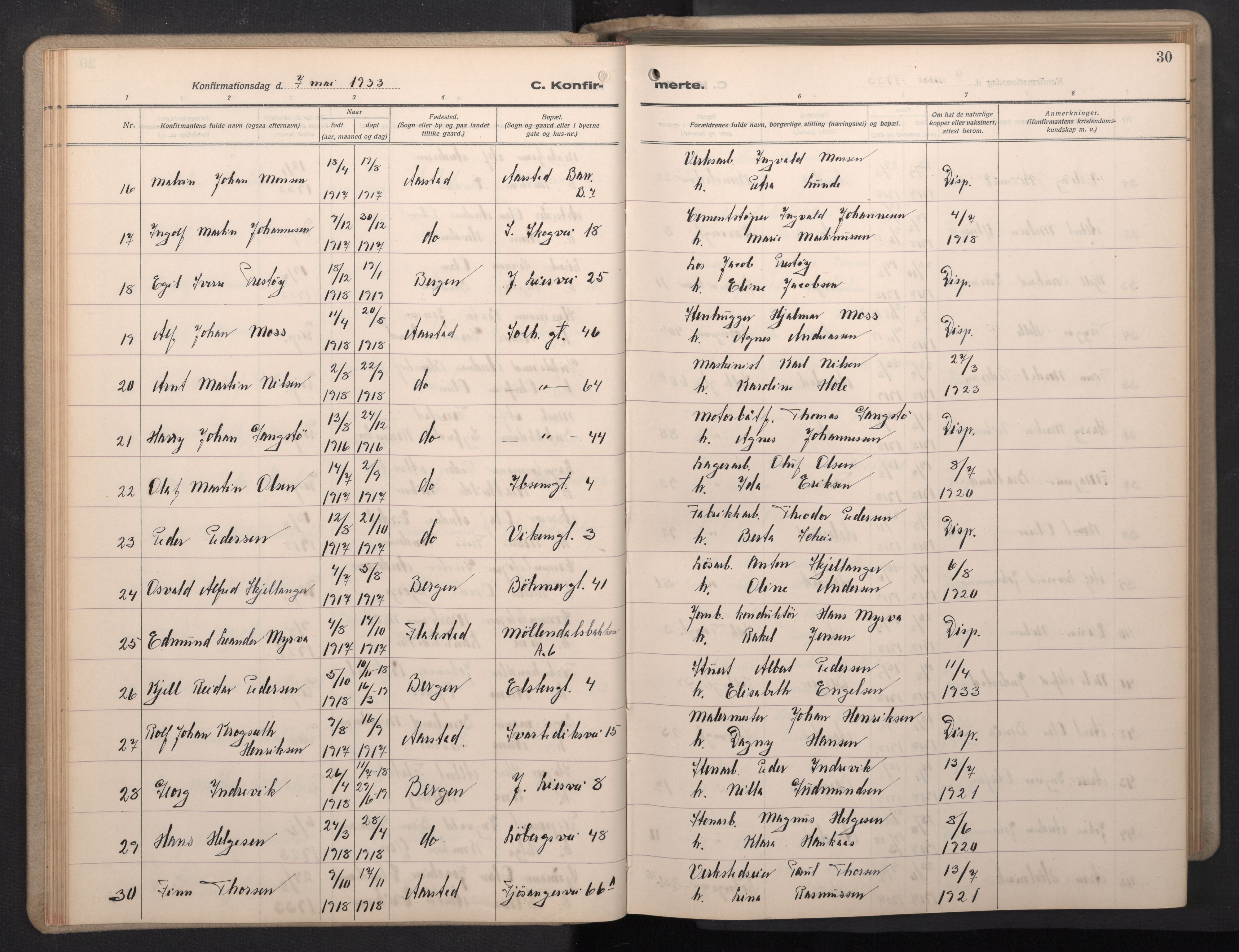 Årstad Sokneprestembete, AV/SAB-A-79301/H/Hab/L0015: Parish register (copy) no. B 5, 1932-1945, p. 29b-30a