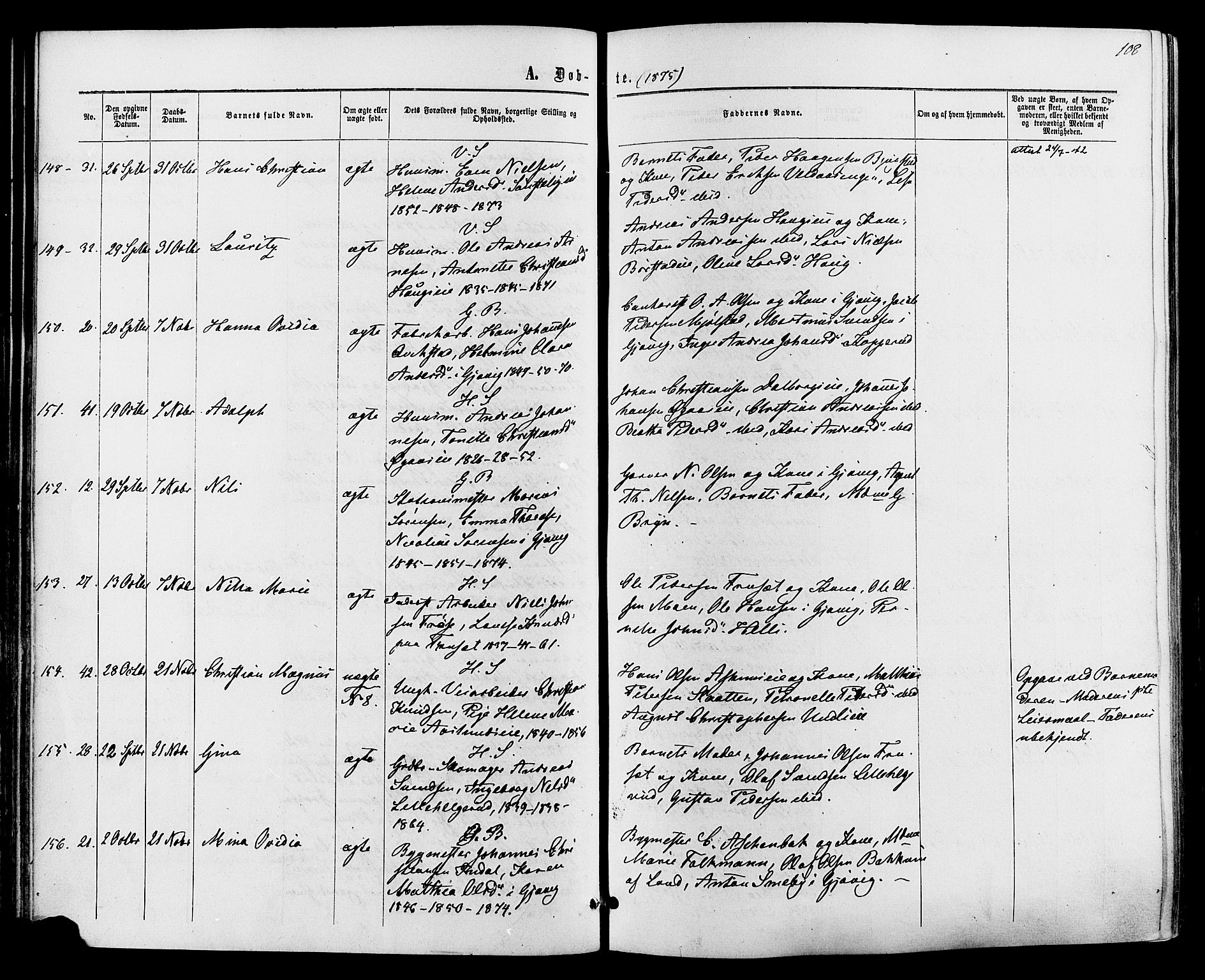 Vardal prestekontor, AV/SAH-PREST-100/H/Ha/Haa/L0007: Parish register (official) no. 7, 1867-1878, p. 108