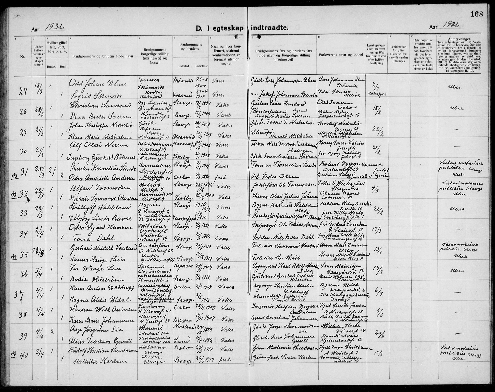 Domkirken sokneprestkontor, AV/SAST-A-101812/001/30/30BB/L0020: Parish register (copy) no. B 20, 1921-1937, p. 168