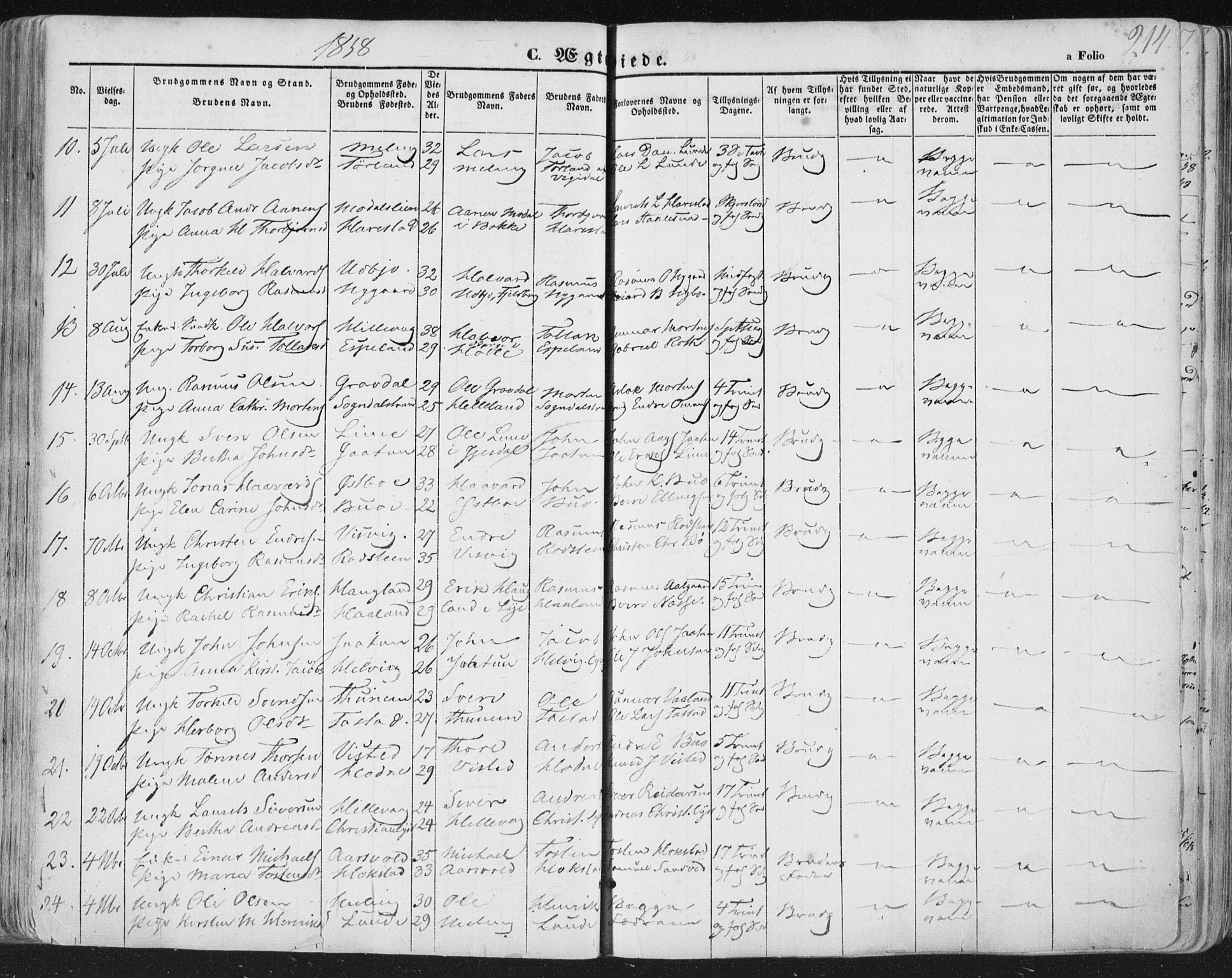 Hetland sokneprestkontor, AV/SAST-A-101826/30/30BA/L0002: Parish register (official) no. A 2, 1849-1869, p. 214