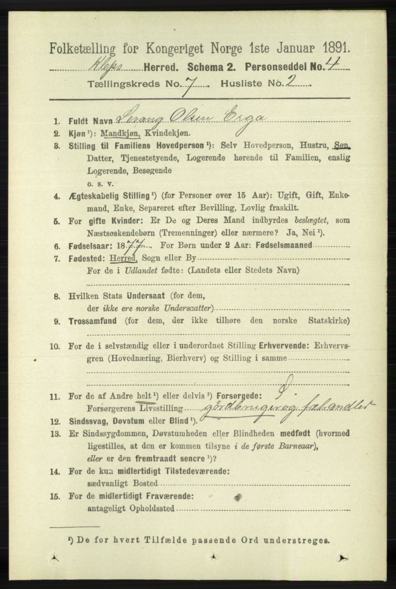 RA, 1891 census for 1120 Klepp, 1891, p. 2122