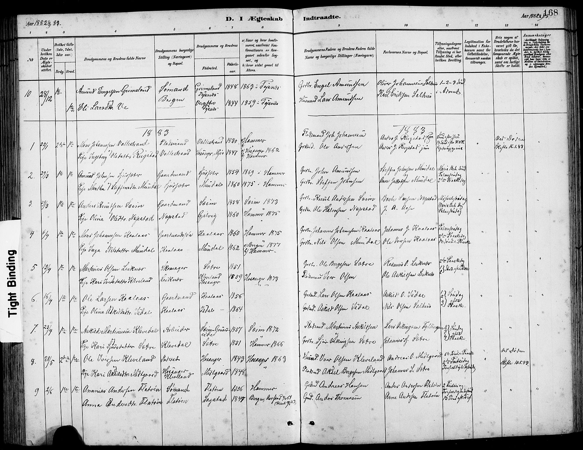 Hamre sokneprestembete, SAB/A-75501/H/Ha/Hab: Parish register (copy) no. B 3, 1881-1898, p. 168