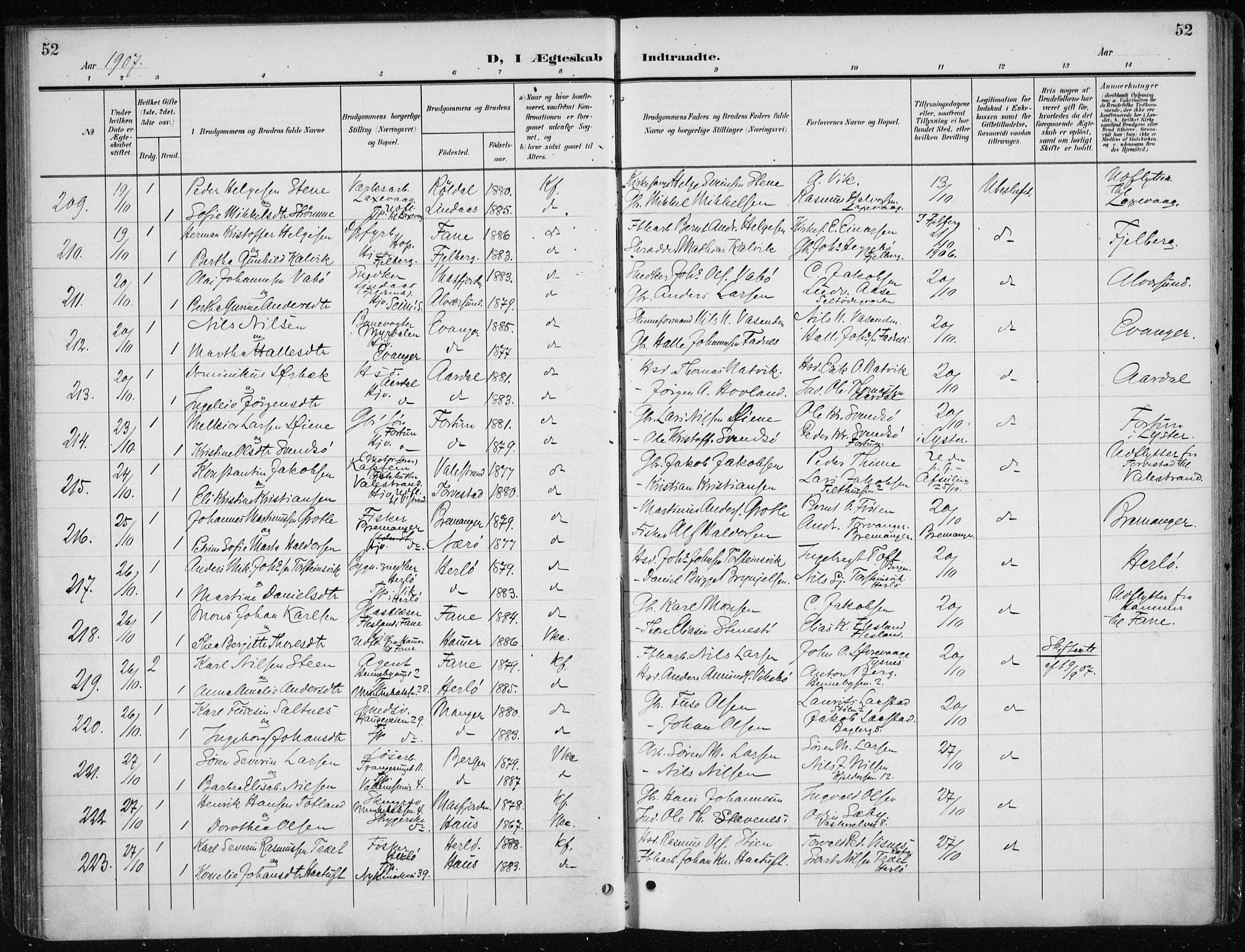 Nykirken Sokneprestembete, AV/SAB-A-77101/H/Haa/L0035: Parish register (official) no. D 5, 1905-1913, p. 52