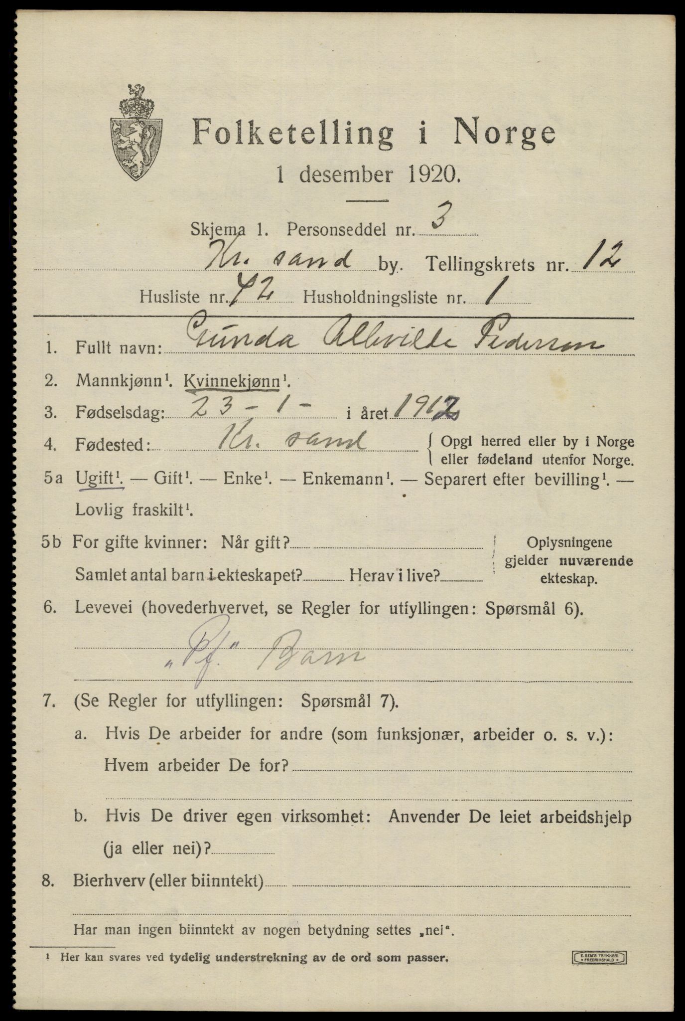 SAK, 1920 census for Kristiansand, 1920, p. 26751