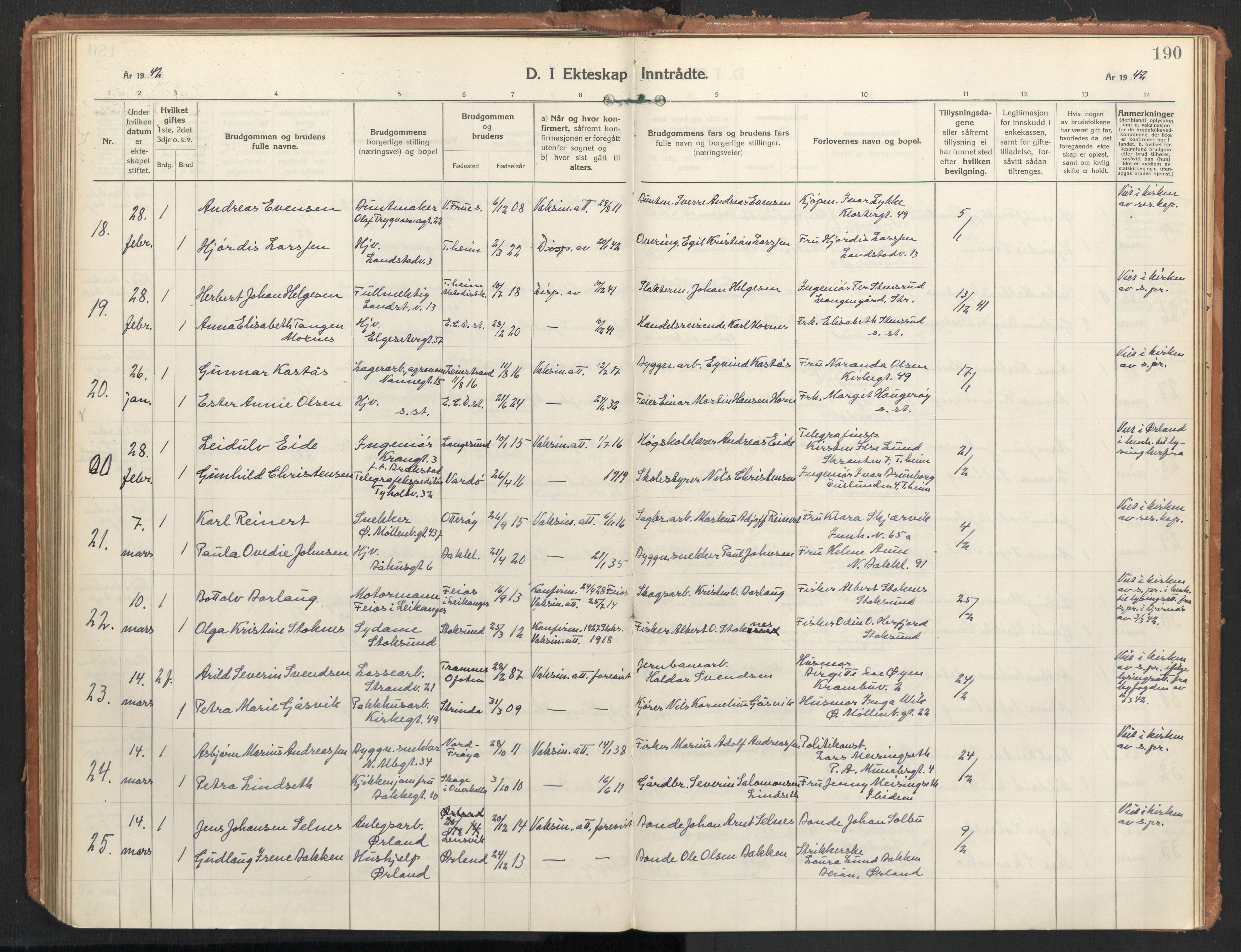 Ministerialprotokoller, klokkerbøker og fødselsregistre - Sør-Trøndelag, AV/SAT-A-1456/604/L0209: Parish register (official) no. 604A29, 1931-1945, p. 190