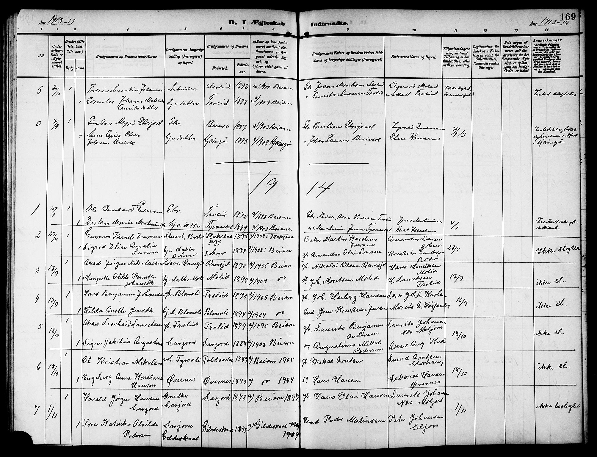 Ministerialprotokoller, klokkerbøker og fødselsregistre - Nordland, SAT/A-1459/846/L0655: Parish register (copy) no. 846C05, 1902-1916, p. 169
