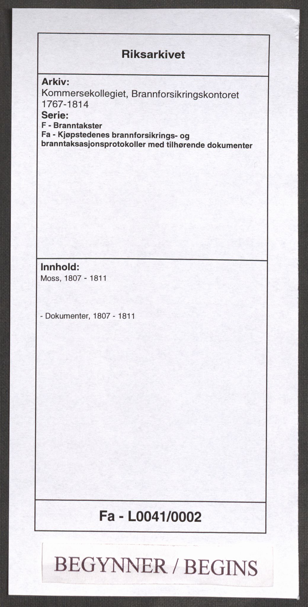 Kommersekollegiet, Brannforsikringskontoret 1767-1814, RA/EA-5458/F/Fa/L0041/0002: Moss / Dokumenter, 1807-1811