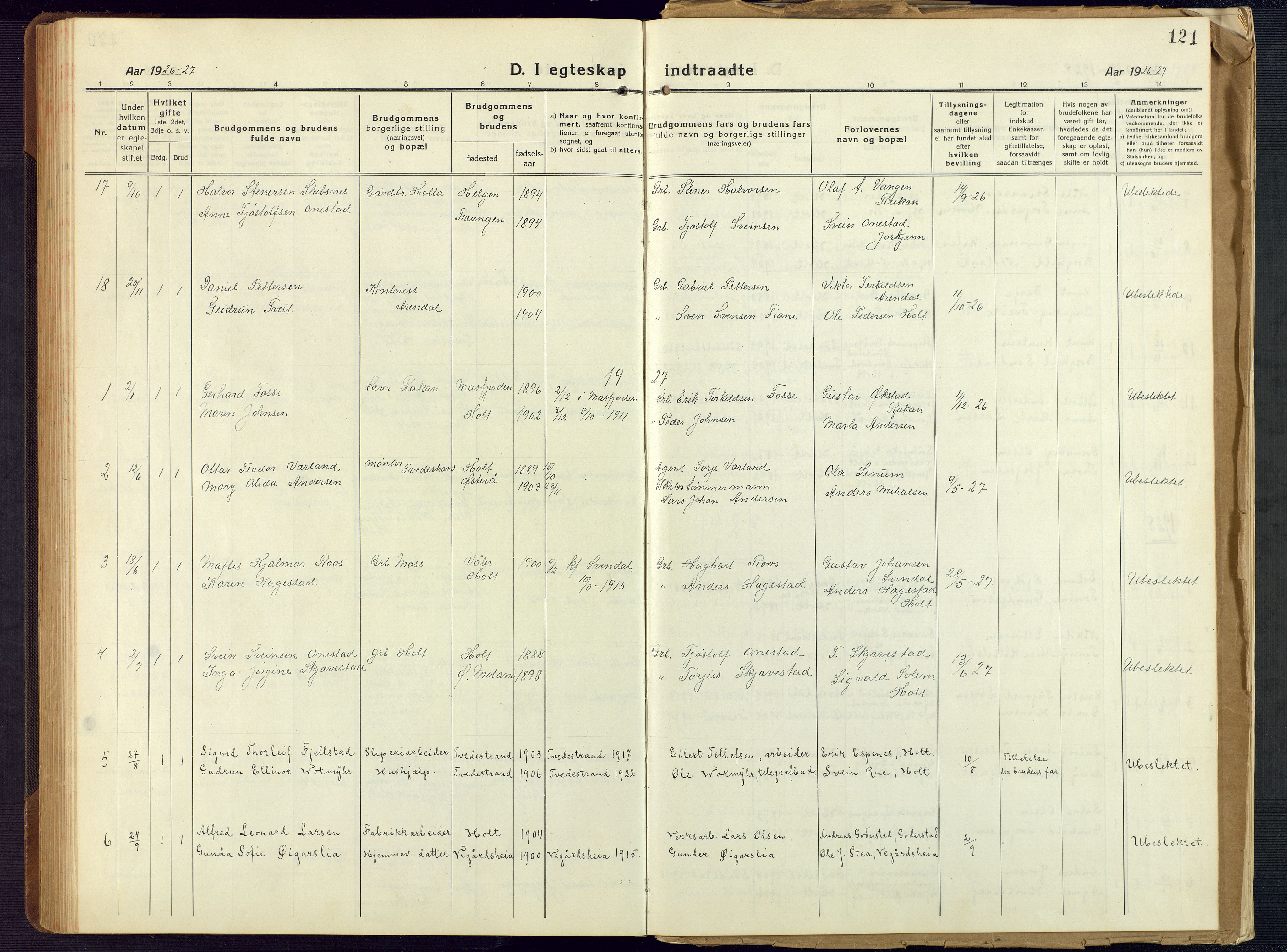 Holt sokneprestkontor, AV/SAK-1111-0021/F/Fb/L0012: Parish register (copy) no. B 12, 1919-1944, p. 121