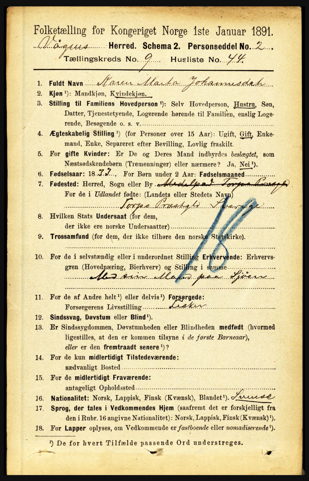 RA, 1891 census for 1865 Vågan, 1891, p. 2522