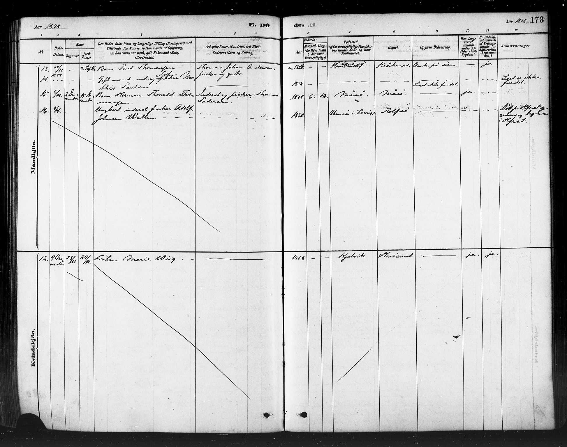 Måsøy sokneprestkontor, AV/SATØ-S-1348/H/Ha/L0004kirke: Parish register (official) no. 4, 1878-1891, p. 173