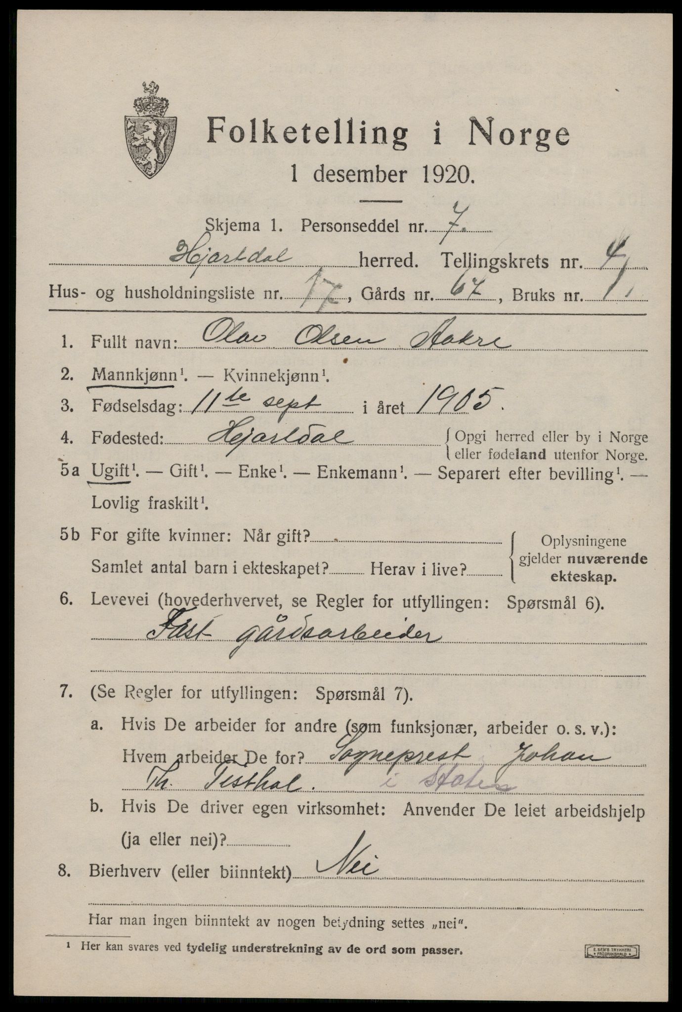 SAKO, 1920 census for Hjartdal, 1920, p. 2966