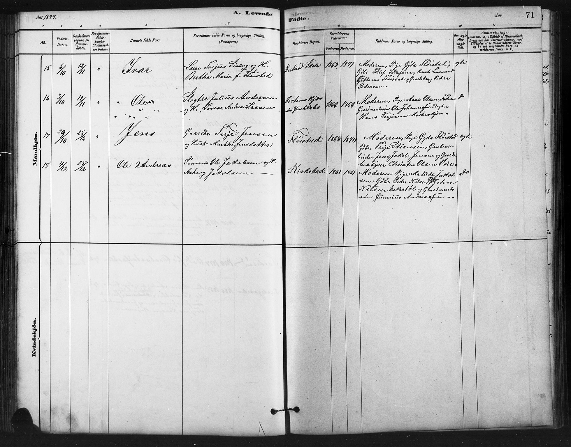 Austre Moland sokneprestkontor, SAK/1111-0001/F/Fb/Fba/L0003: Parish register (copy) no. B 3, 1879-1914, p. 71