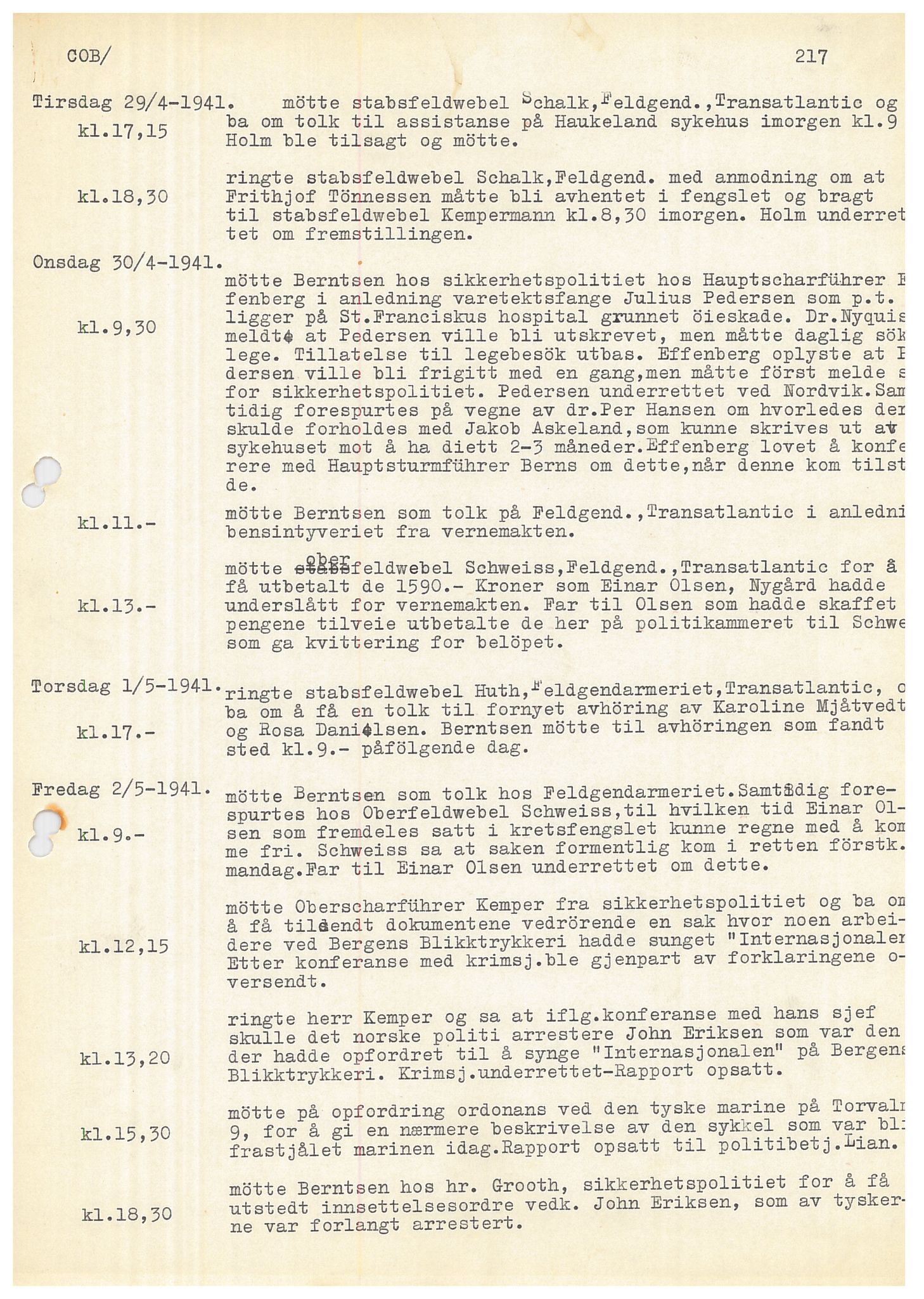 Bergen politikammer / politidistrikt, SAB/A-60401/Y/Ye/L0001: Avskrift av krigsdagbok av Dankert Thuland, 1940-1941, p. 217