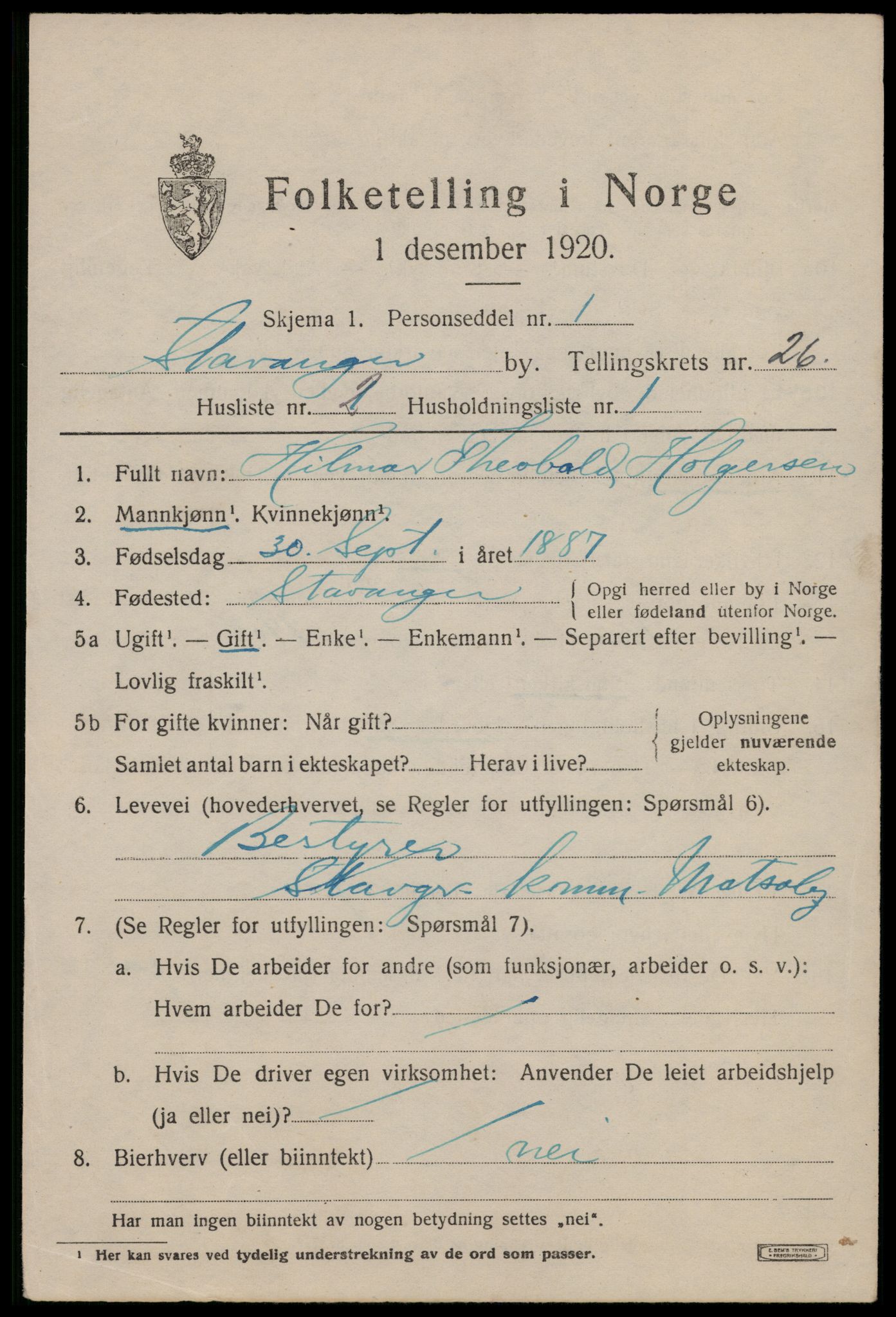 SAST, 1920 census for Stavanger, 1920, p. 77792