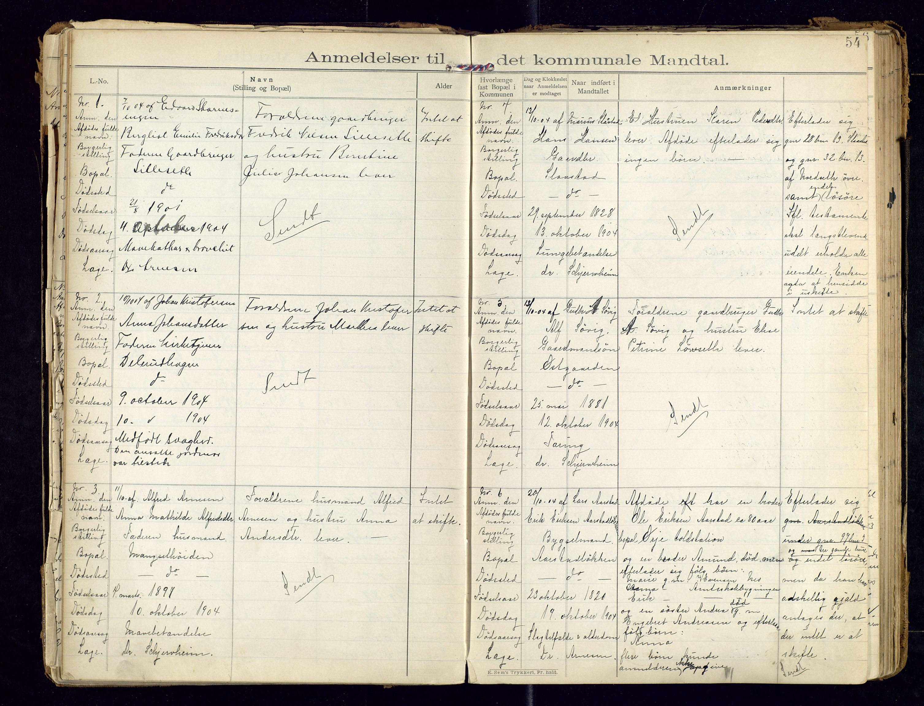 Sør-Odal lensmannskontor, AV/SAH-LHS-022/H/Hb/L0001/0002: Protokoller over anmeldte dødsfall / Protokoll over anmeldte dødsfall, 1901-1913, p. 54