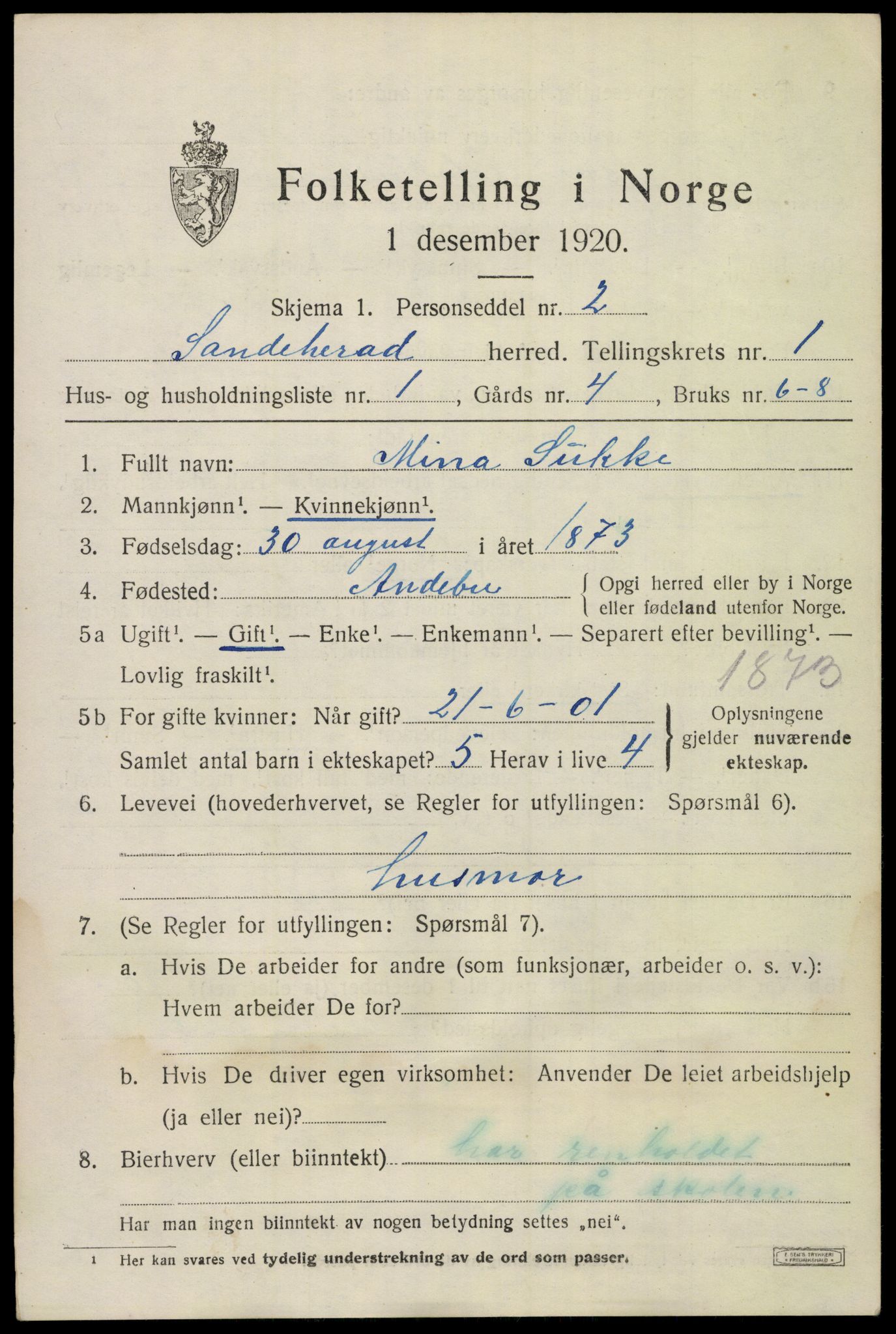 SAKO, 1920 census for Sandeherred, 1920, p. 3754