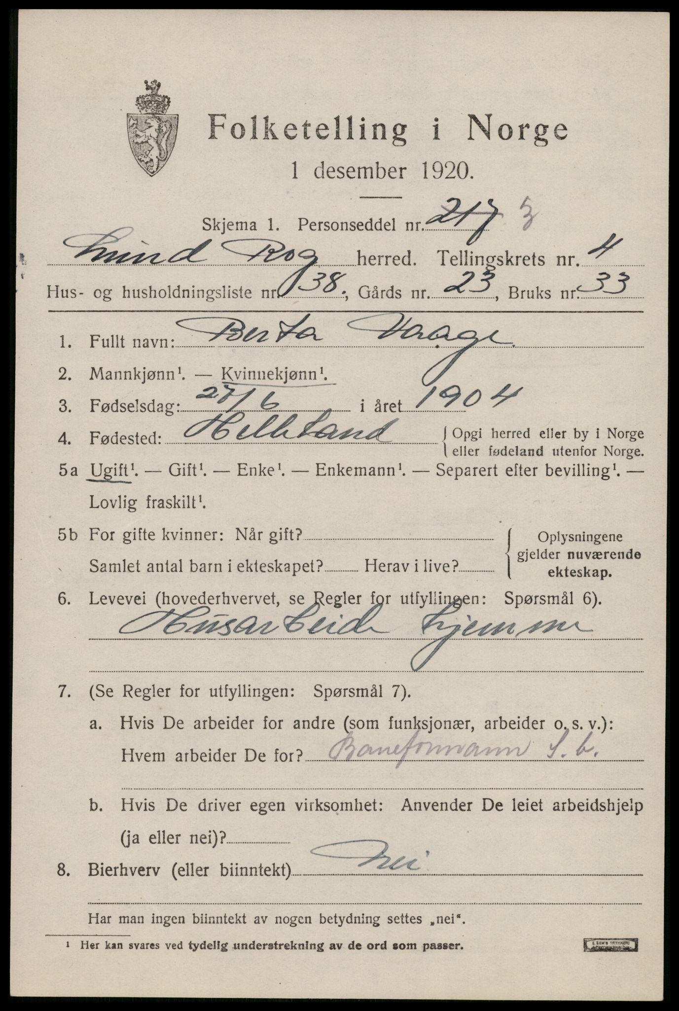 SAST, 1920 census for Lund, 1920, p. 2554