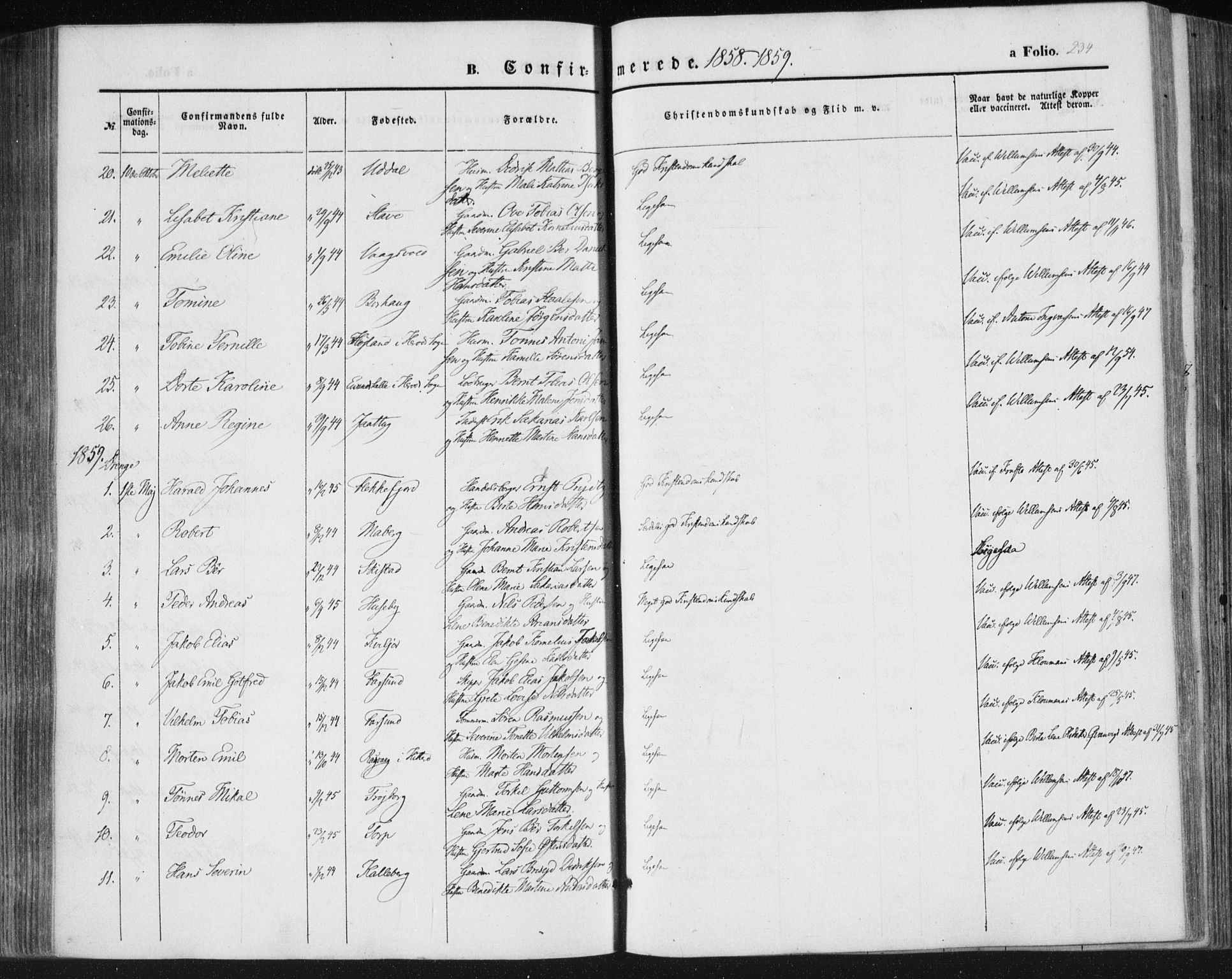 Lista sokneprestkontor, SAK/1111-0027/F/Fa/L0010: Parish register (official) no. A 10, 1846-1861, p. 234
