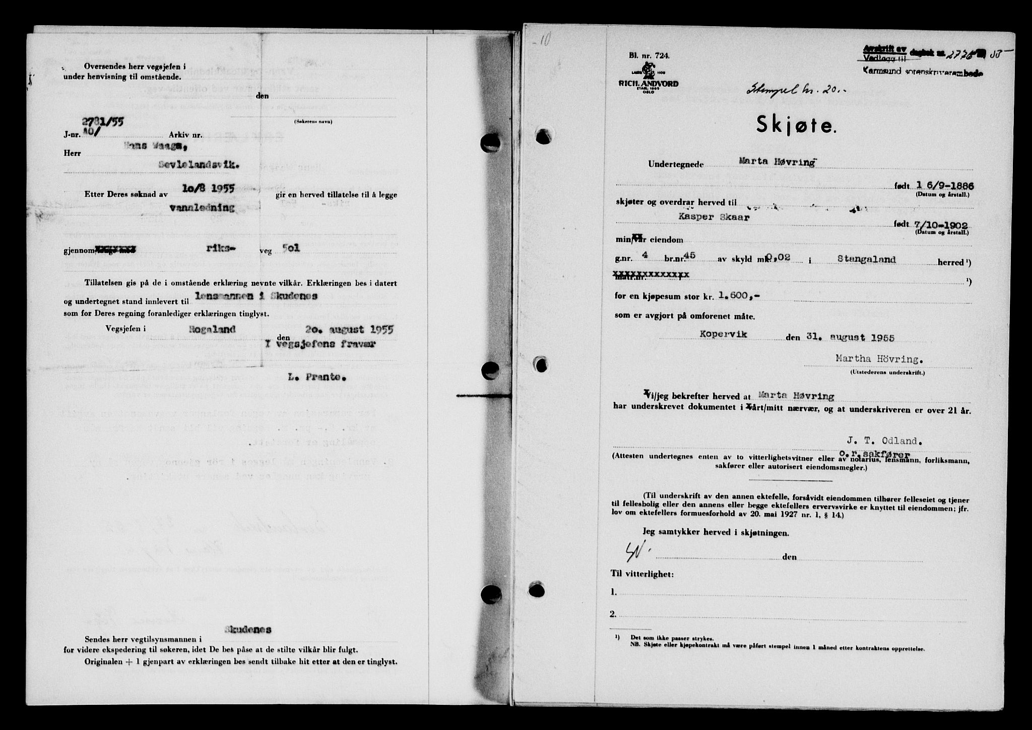 Karmsund sorenskriveri, SAST/A-100311/01/II/IIB/L0117: Mortgage book no. 97Aa, 1955-1955, Diary no: : 2776/1955