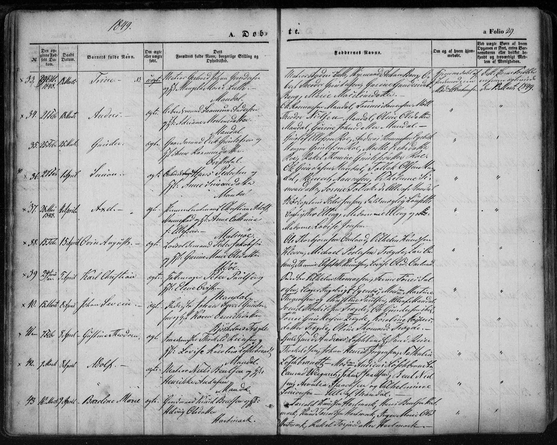 Mandal sokneprestkontor, AV/SAK-1111-0030/F/Fa/Faa/L0013: Parish register (official) no. A 13, 1847-1859, p. 29