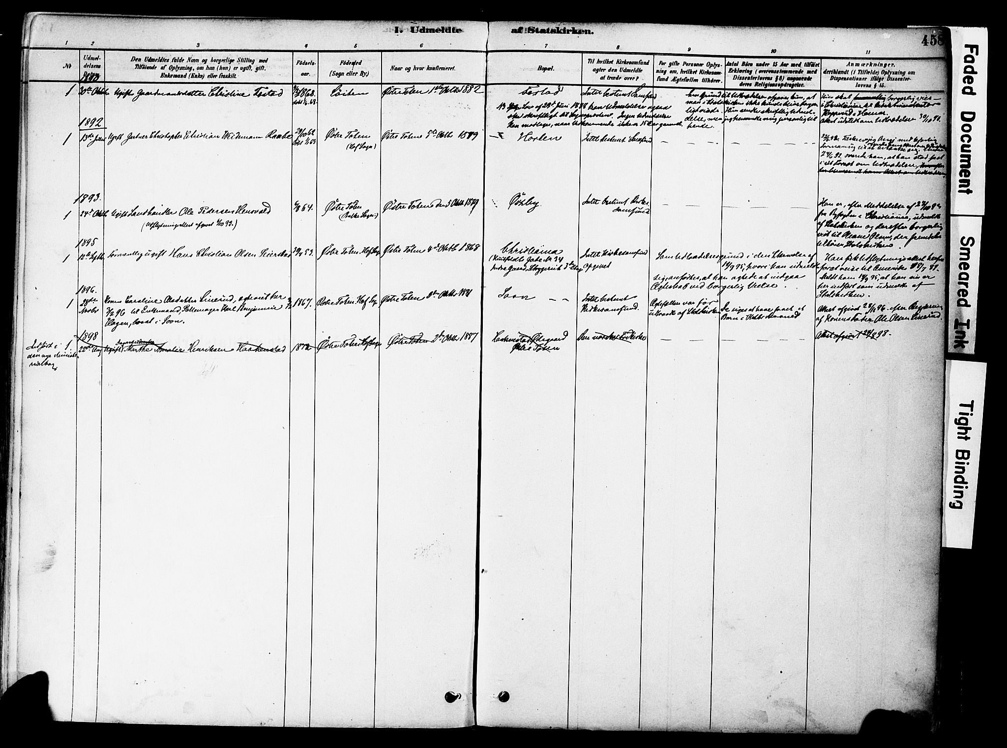 Østre Toten prestekontor, SAH/PREST-104/H/Ha/Haa/L0006: Parish register (official) no. 6 /1, 1878-1896, p. 458