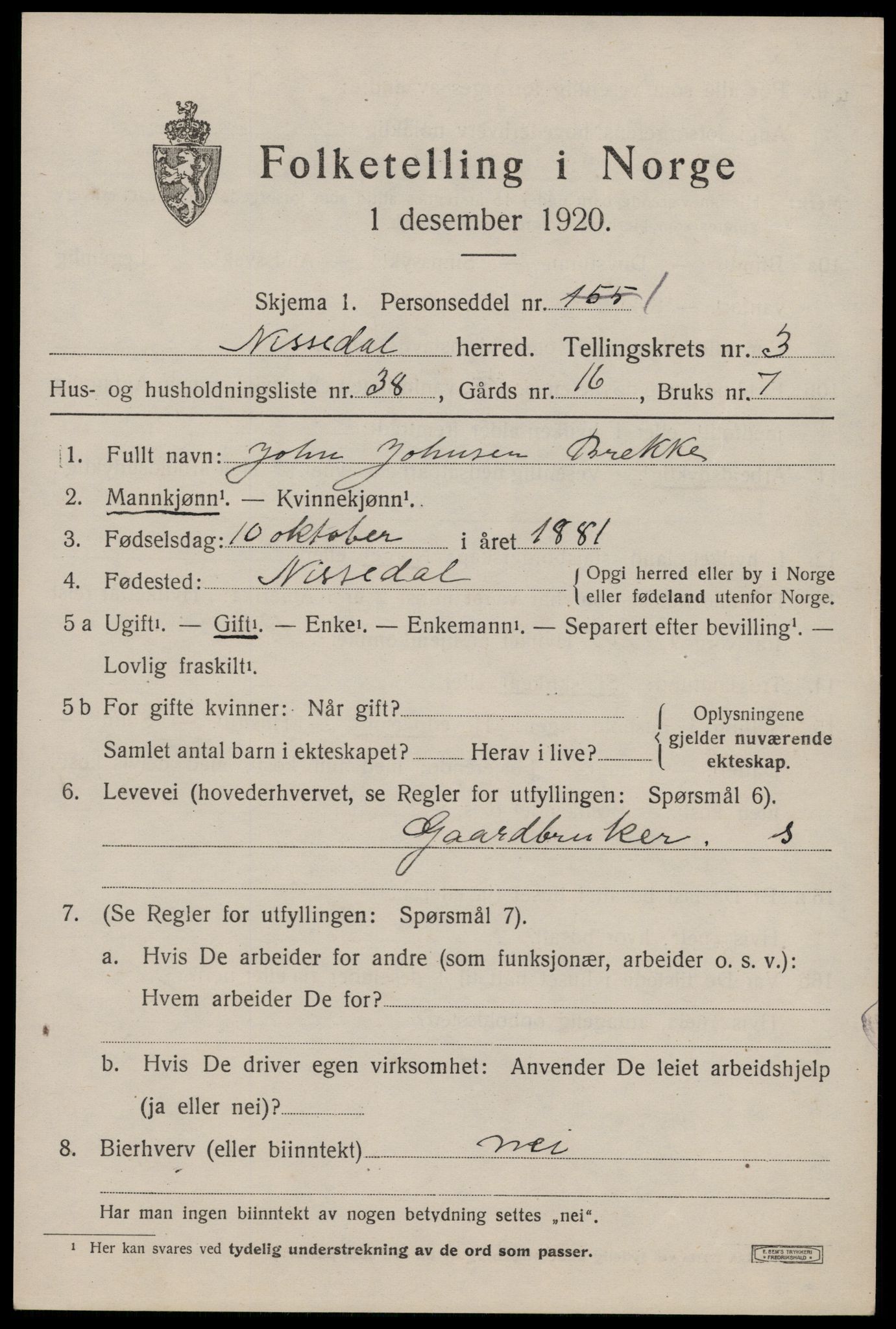 SAKO, 1920 census for Nissedal, 1920, p. 1807