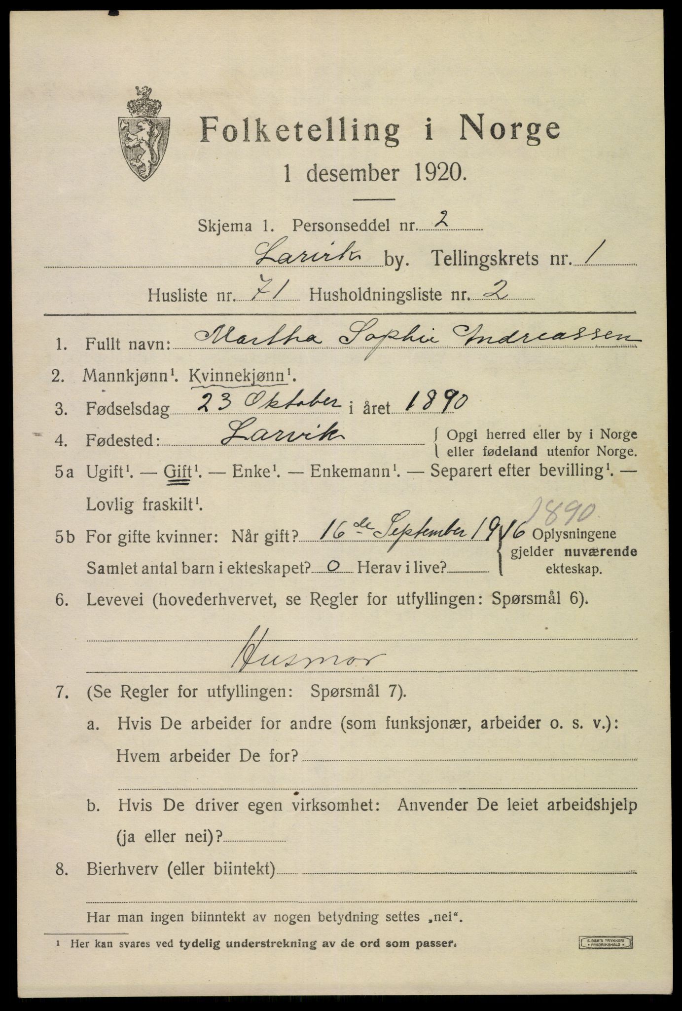 SAKO, 1920 census for Larvik, 1920, p. 9678