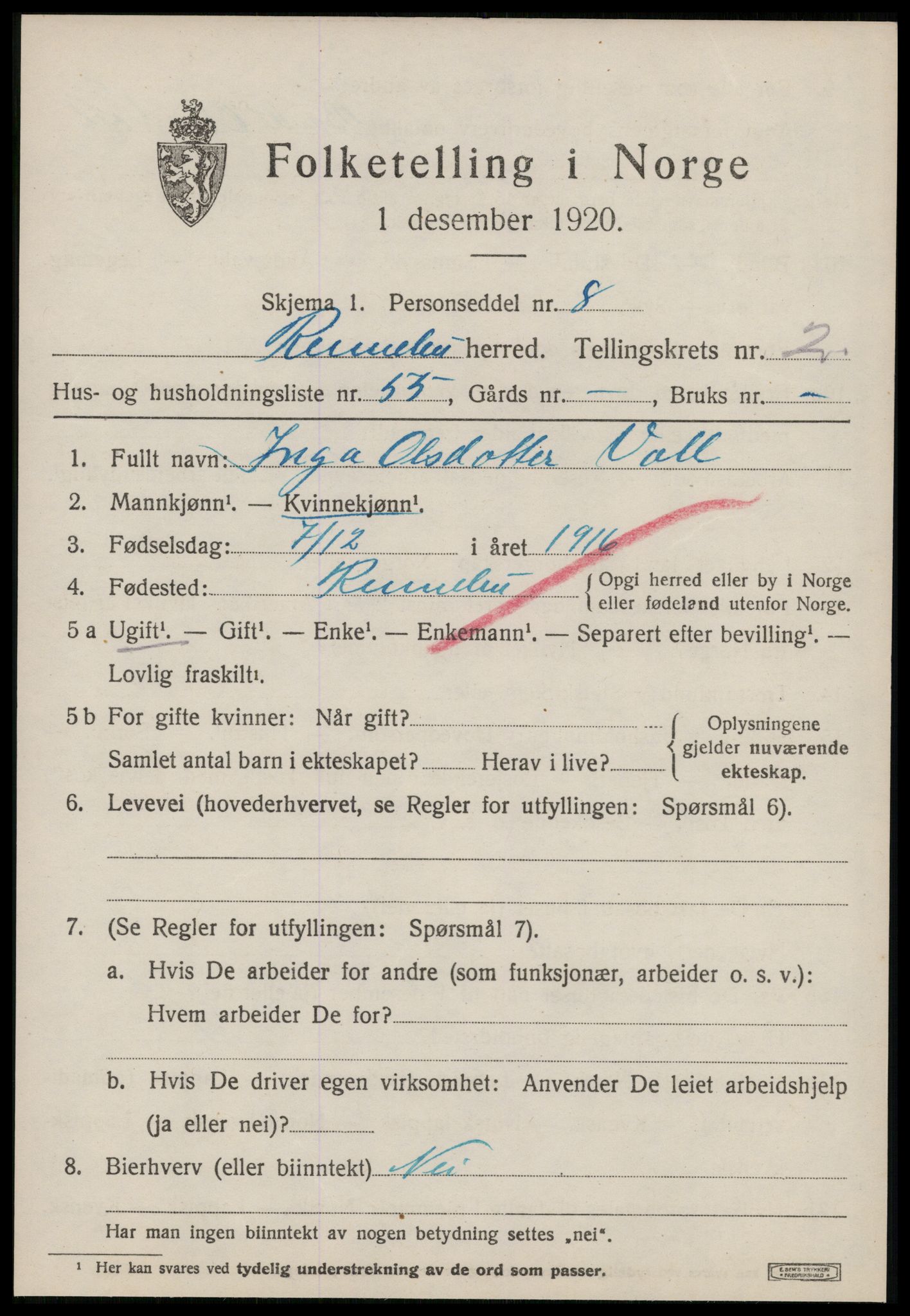 SAT, 1920 census for Rennebu, 1920, p. 1914