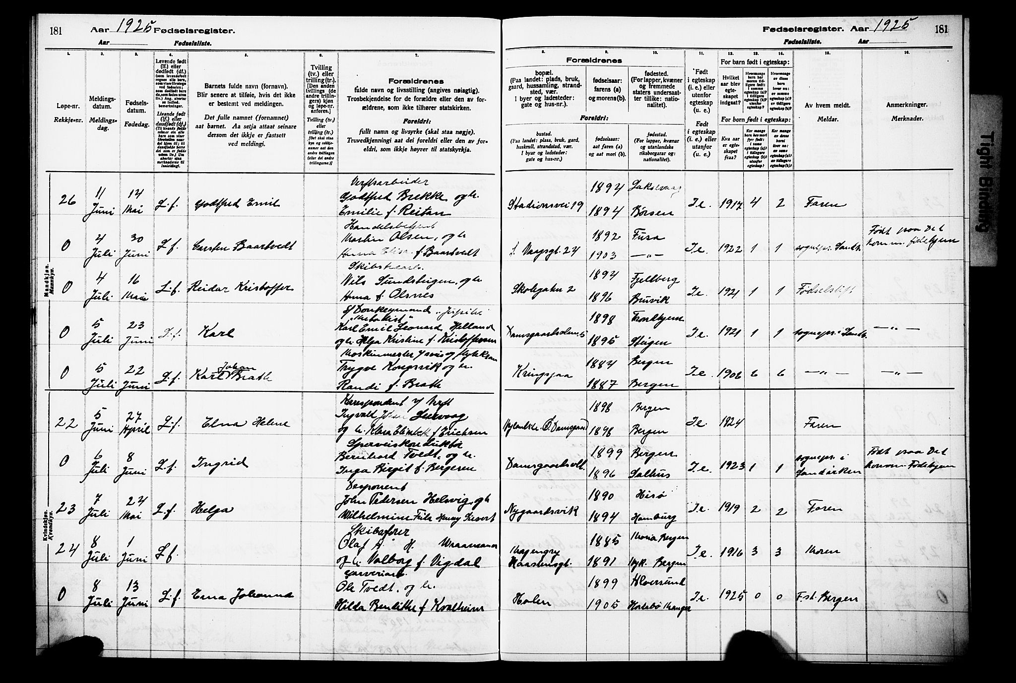 Laksevåg Sokneprestembete, AV/SAB-A-76501/I/Id/L00A1: Birth register no. A 1, 1916-1926, p. 181