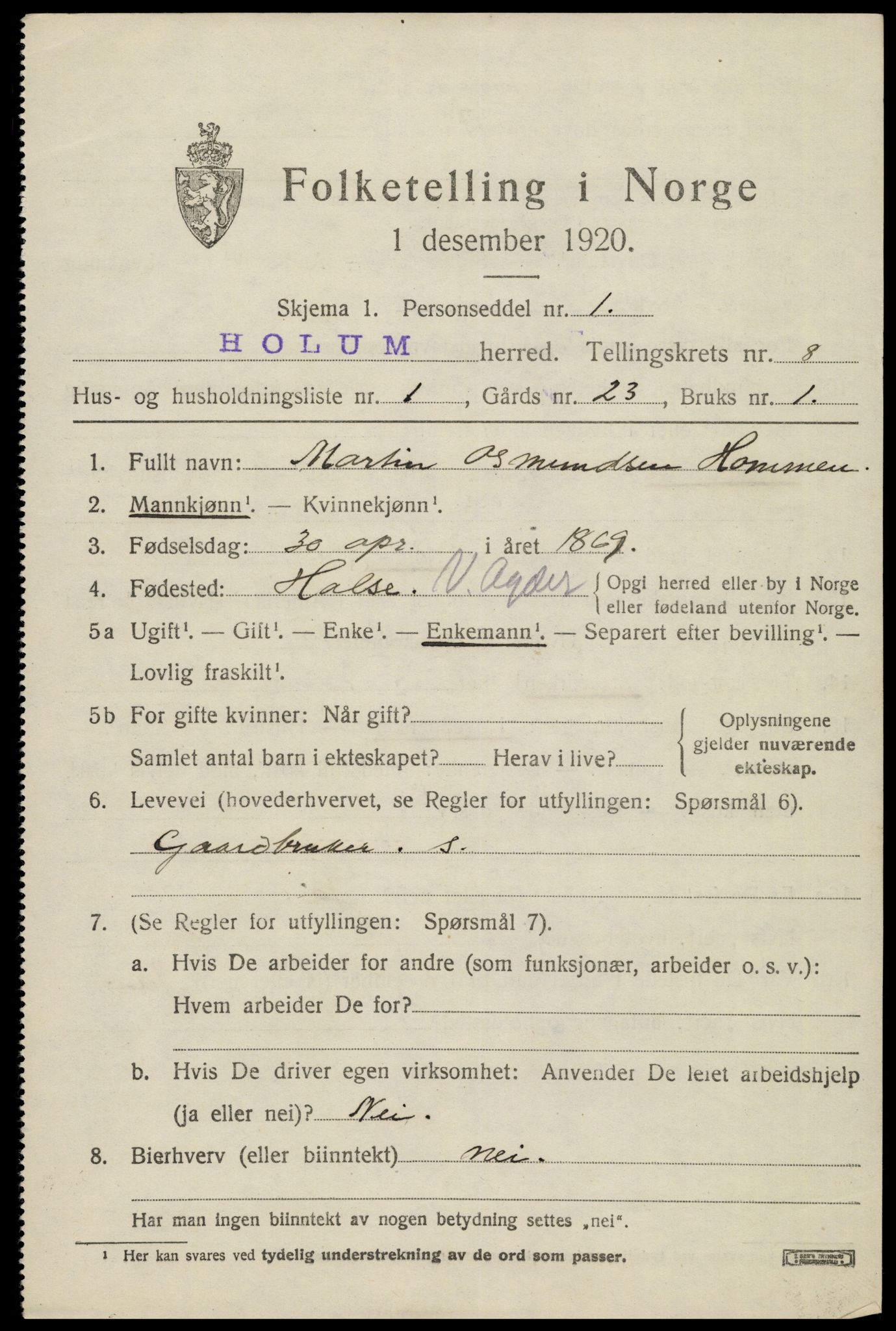 SAK, 1920 census for Holum, 1920, p. 2517