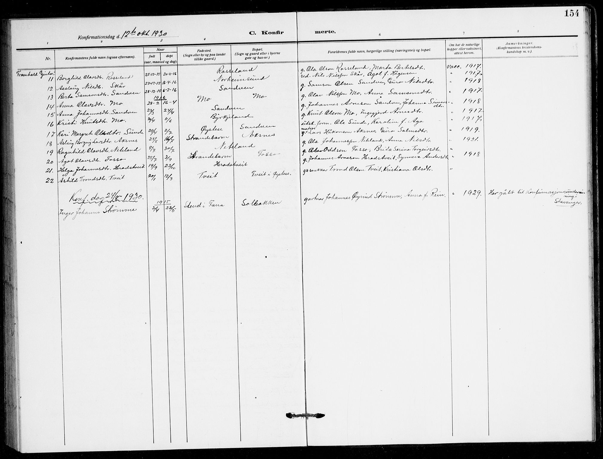 Kvam sokneprestembete, SAB/A-76201/H/Hab: Parish register (copy) no. B 4, 1917-1945, p. 154