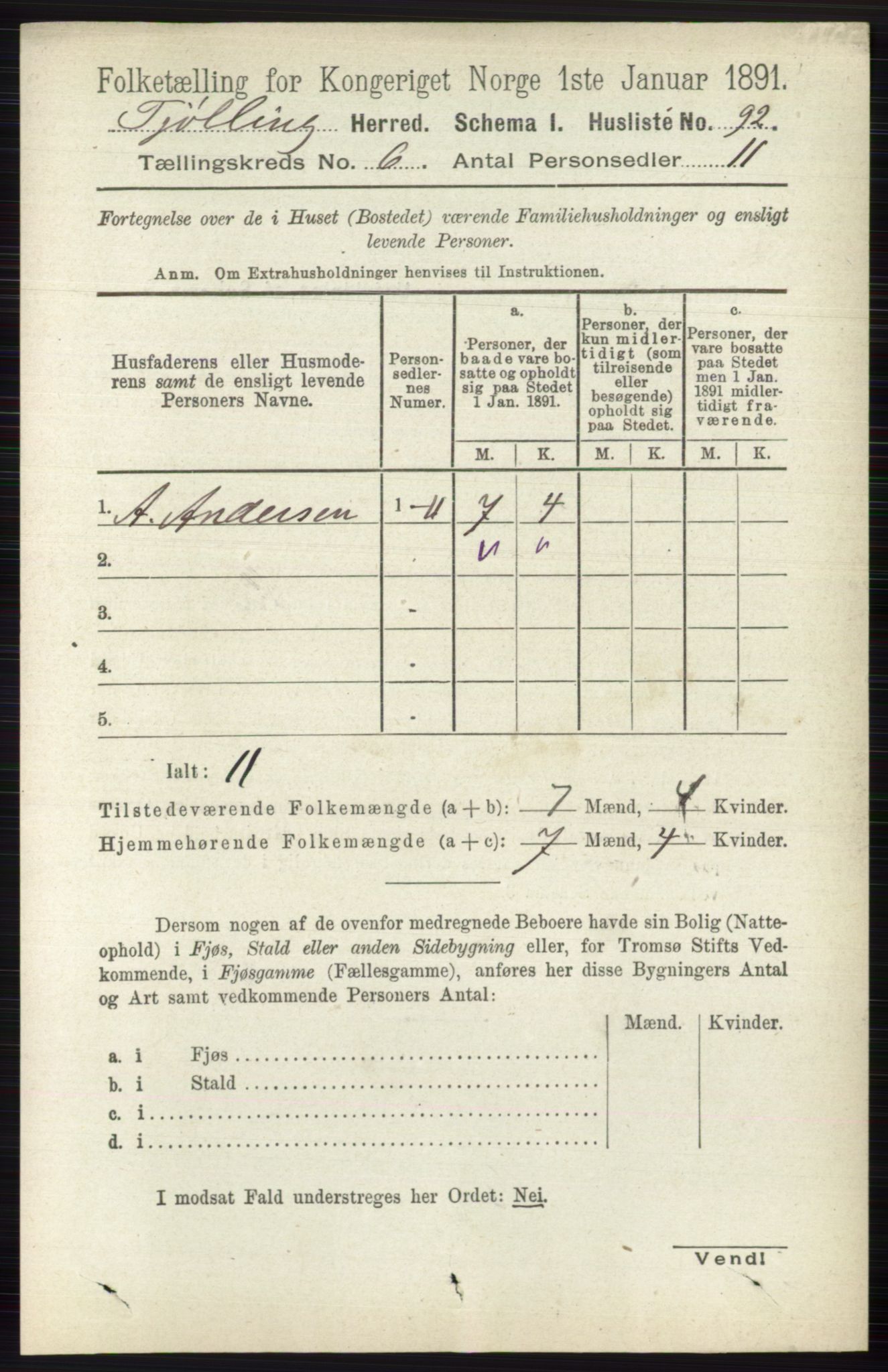 RA, 1891 census for 0725 Tjølling, 1891, p. 2893