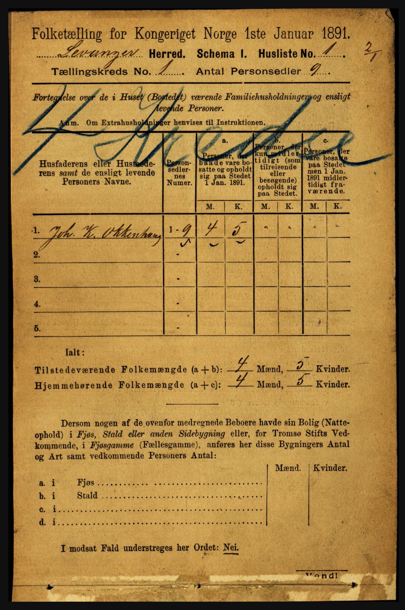 RA, 1891 census for 1720 Levanger, 1891, p. 21