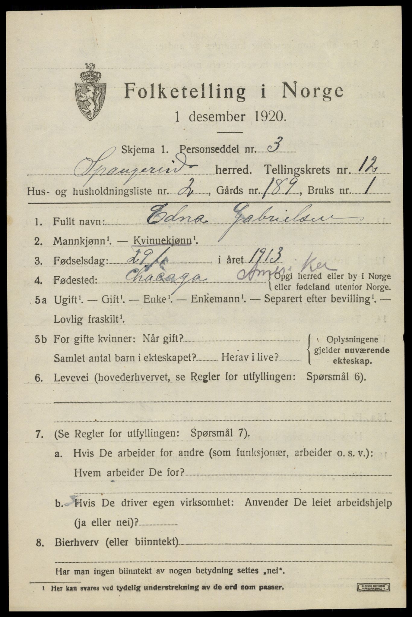 SAK, 1920 census for Spangereid, 1920, p. 3815