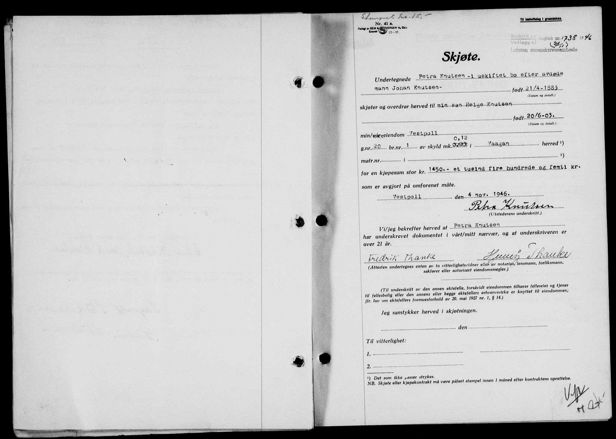 Lofoten sorenskriveri, SAT/A-0017/1/2/2C/L0015a: Mortgage book no. 15a, 1946-1947, Diary no: : 1738/1946
