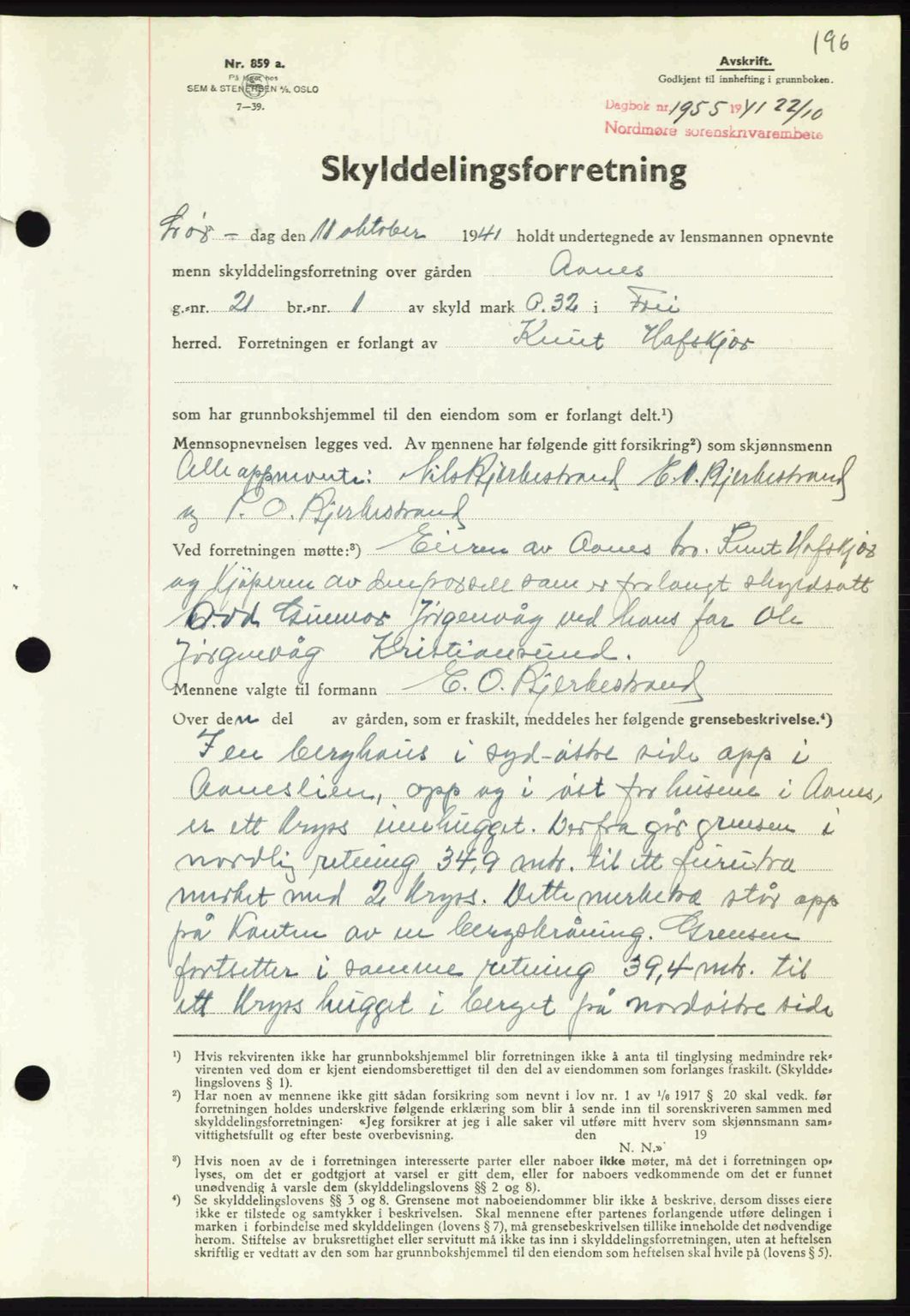 Nordmøre sorenskriveri, AV/SAT-A-4132/1/2/2Ca: Mortgage book no. A91, 1941-1942, Diary no: : 1955/1941