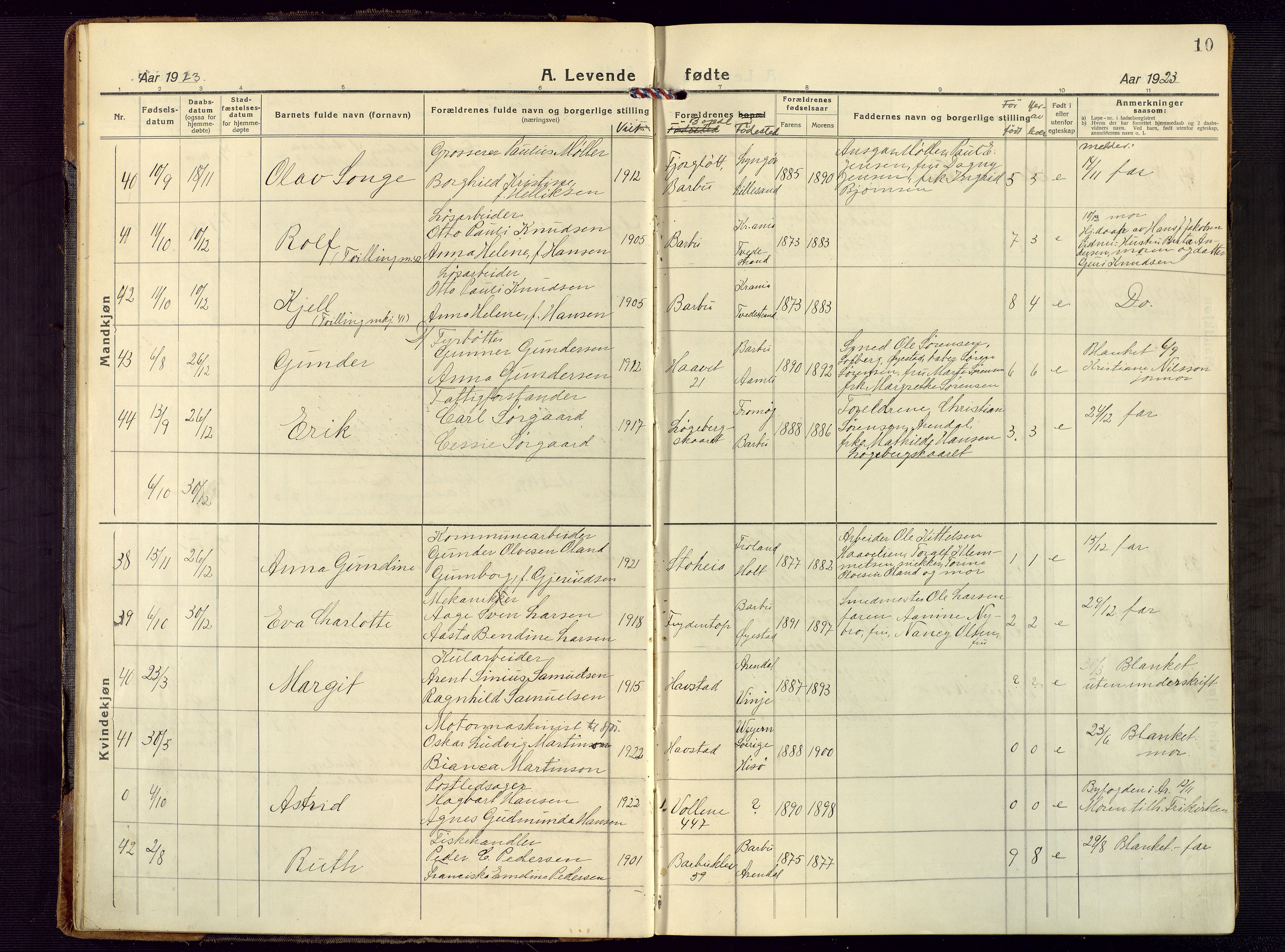 Barbu sokneprestkontor, AV/SAK-1111-0003/F/Fb/L0005: Parish register (copy) no. B 5, 1923-1946, p. 10